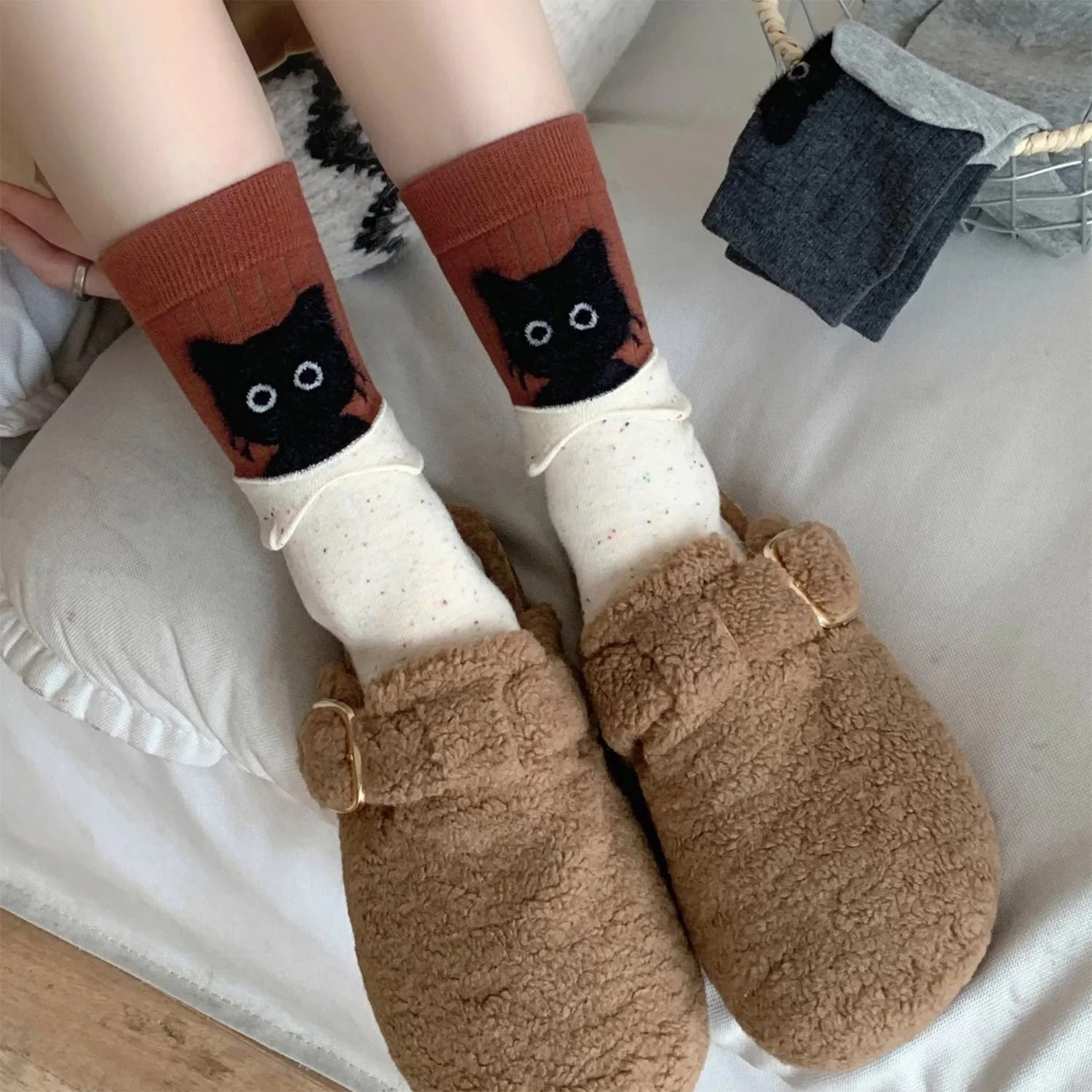 Autumn Winter Peekaboo Cat Mid Calf Socks Cute Warm Kawaii Cartoon Cotton Sleep Socks 7