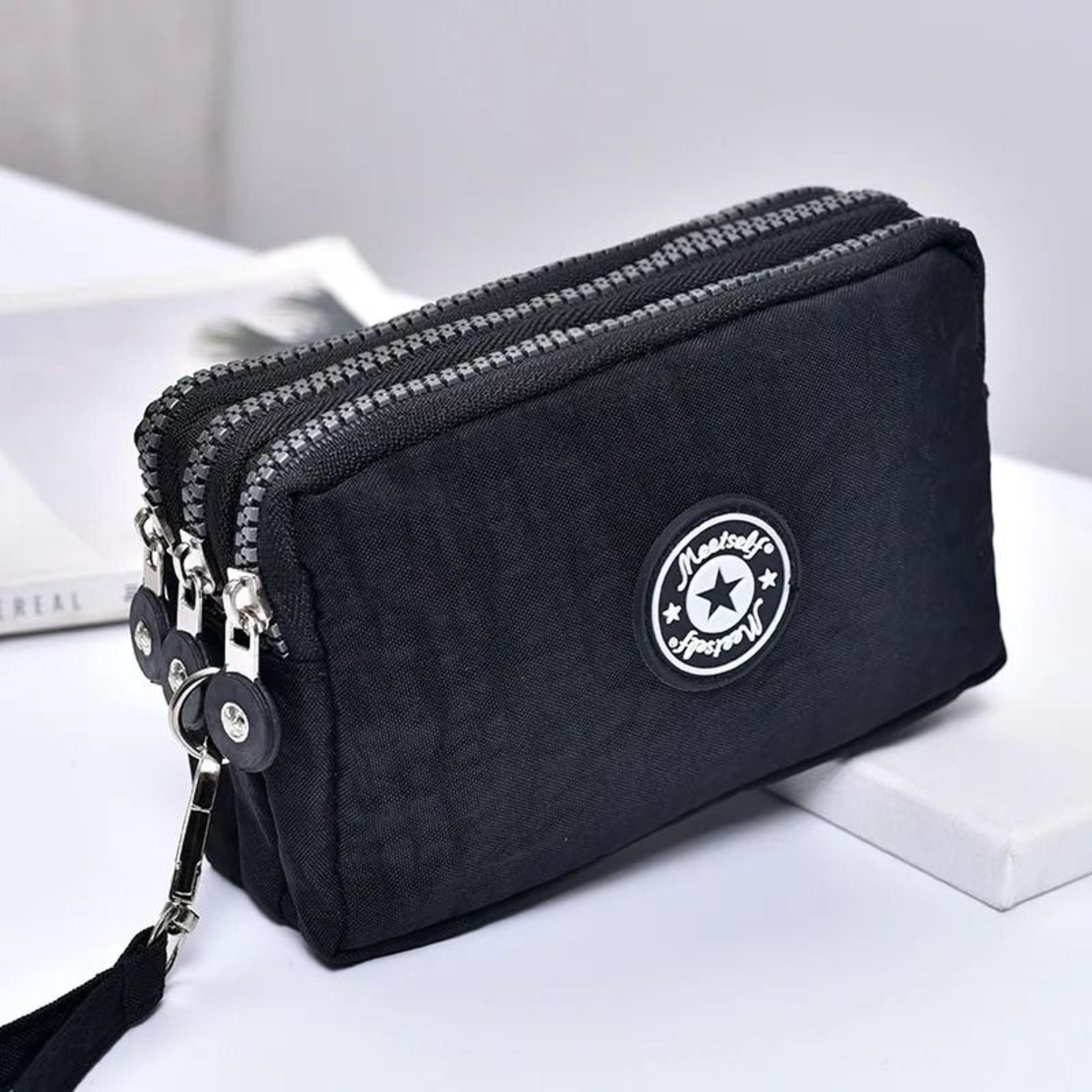 Three Layer Long Zipper Wristlet Bag Washable Fabric Purse For Women 2