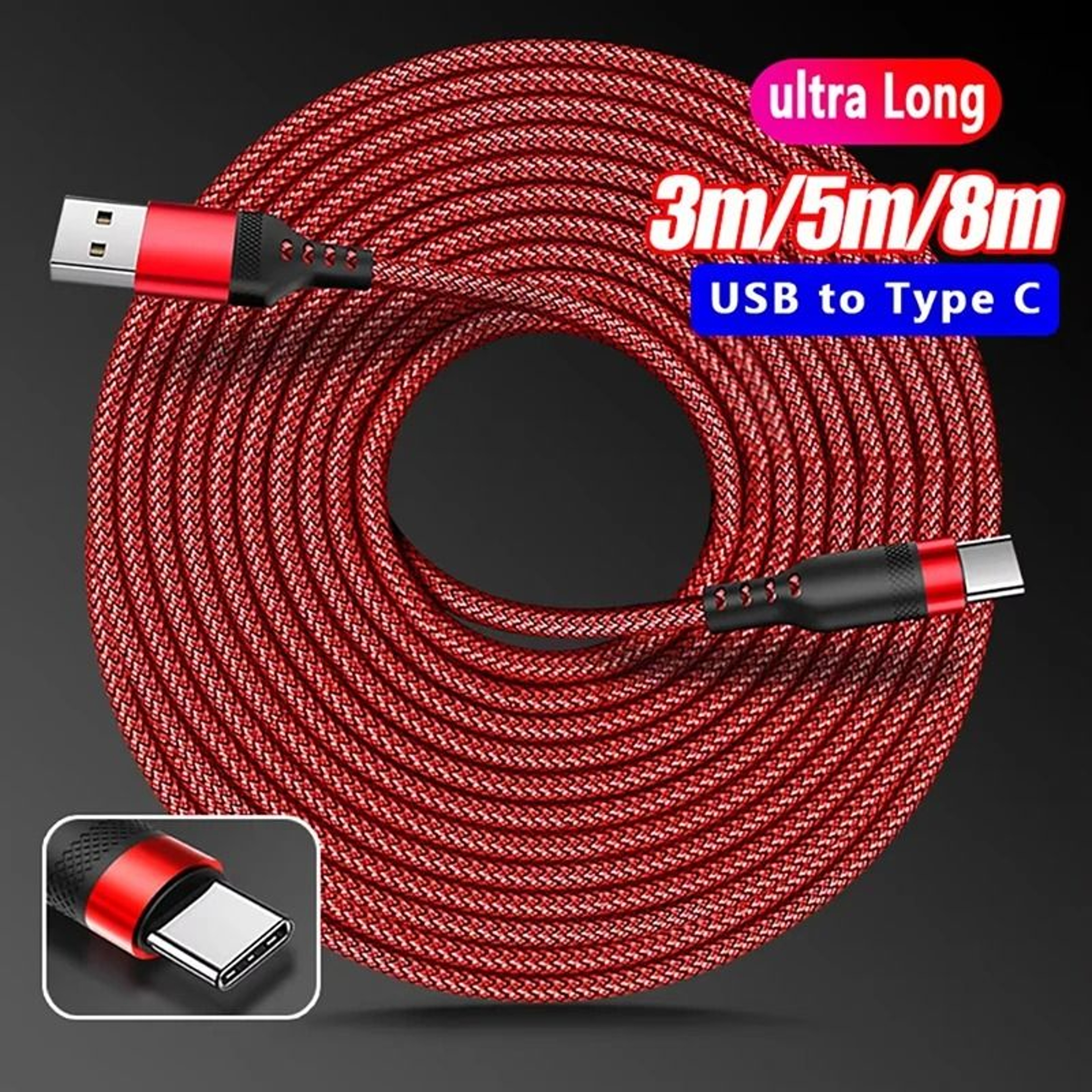Extra Long Type C Charging Cable 6A Fast Charging Nylon Braided USB Data Wire 0