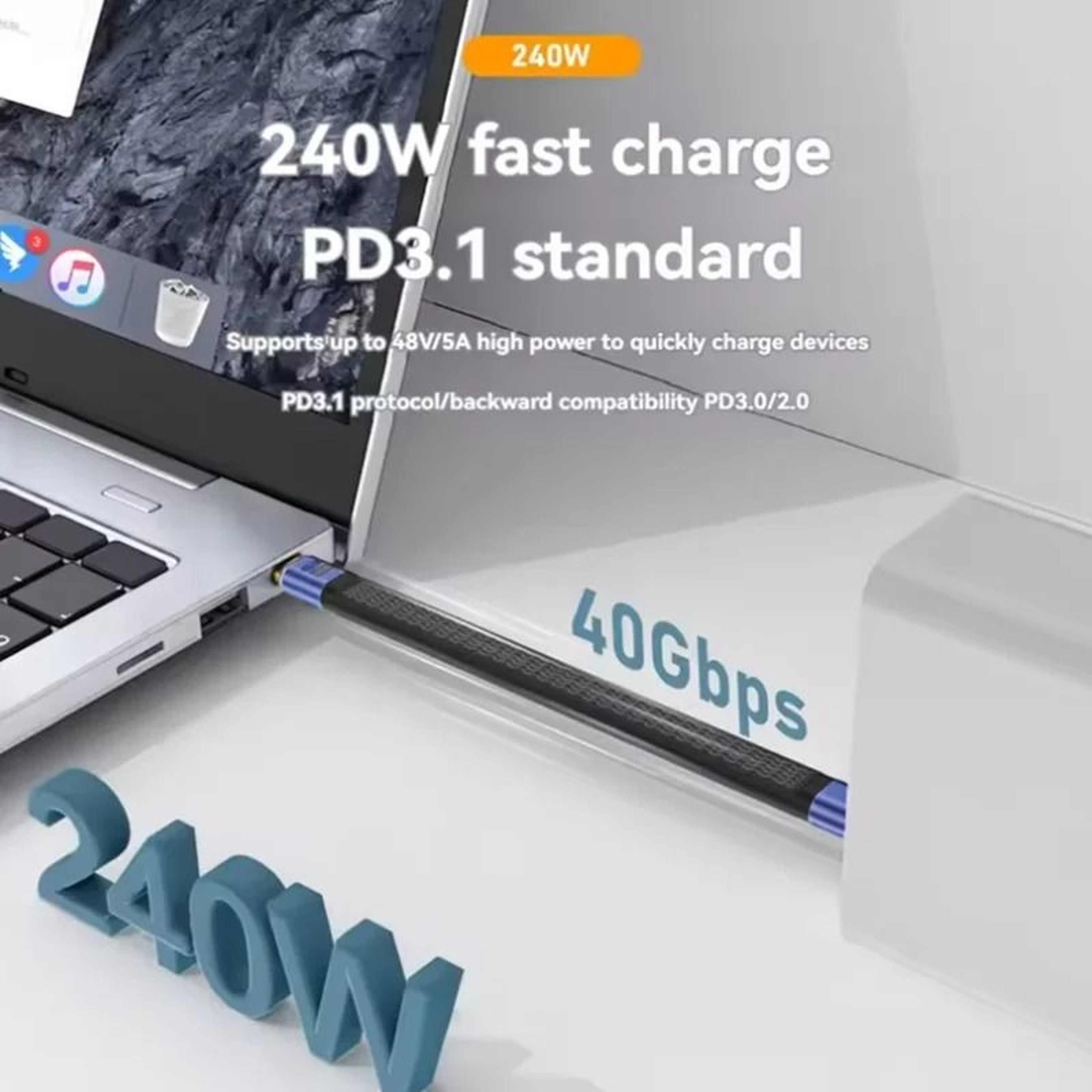 USB4 Short Cable 40Gbps Data Transfer 240W Fast Charging Type C Cord 2