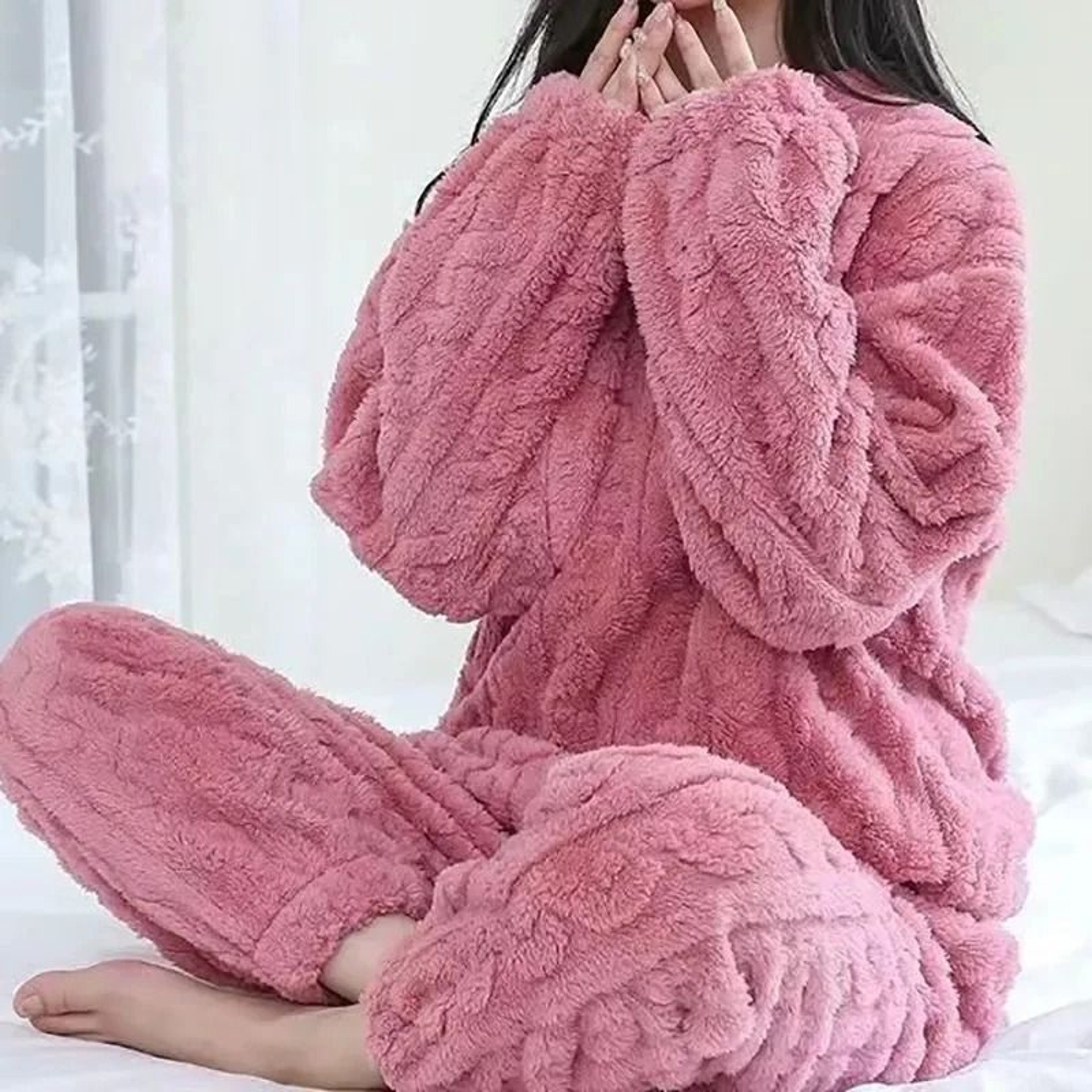 Womens Warm Velvet Ribbed Fleece Pajama Set Pullover And Pants 0