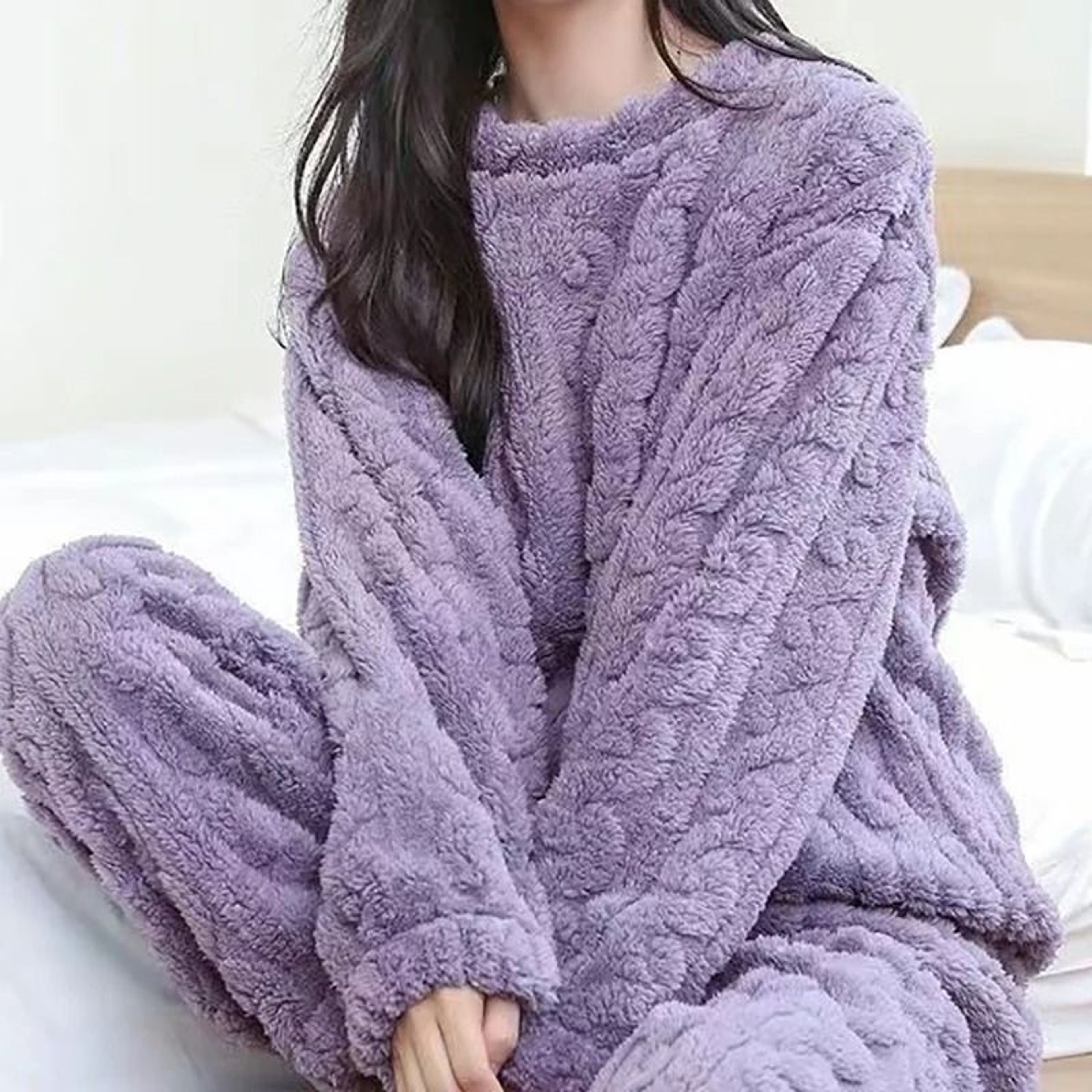 Womens Warm Velvet Ribbed Fleece Pajama Set Pullover And Pants 12