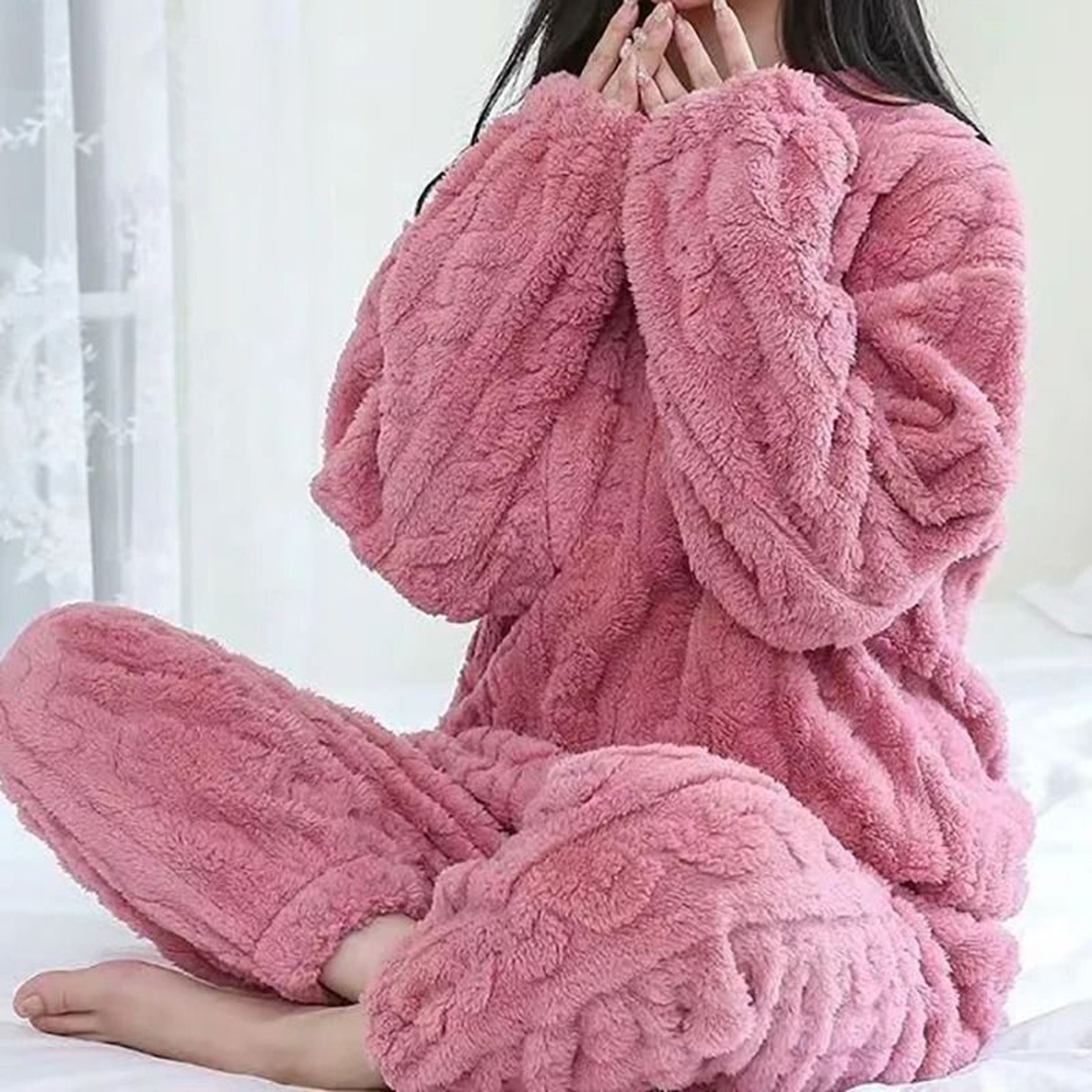 Womens Warm Velvet Ribbed Fleece Pajama Set Pullover And Pants 7