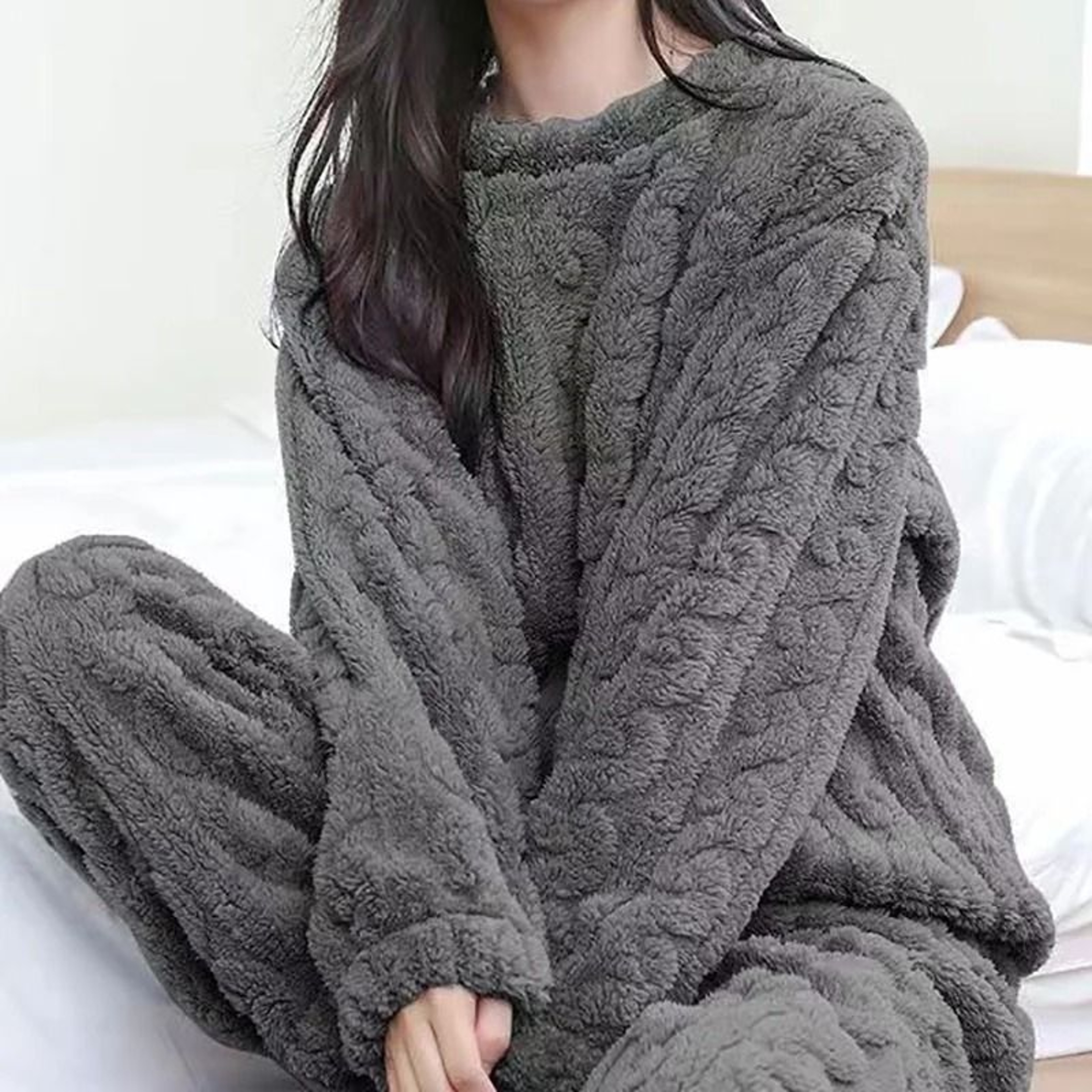 Womens Warm Velvet Ribbed Fleece Pajama Set Pullover And Pants 8