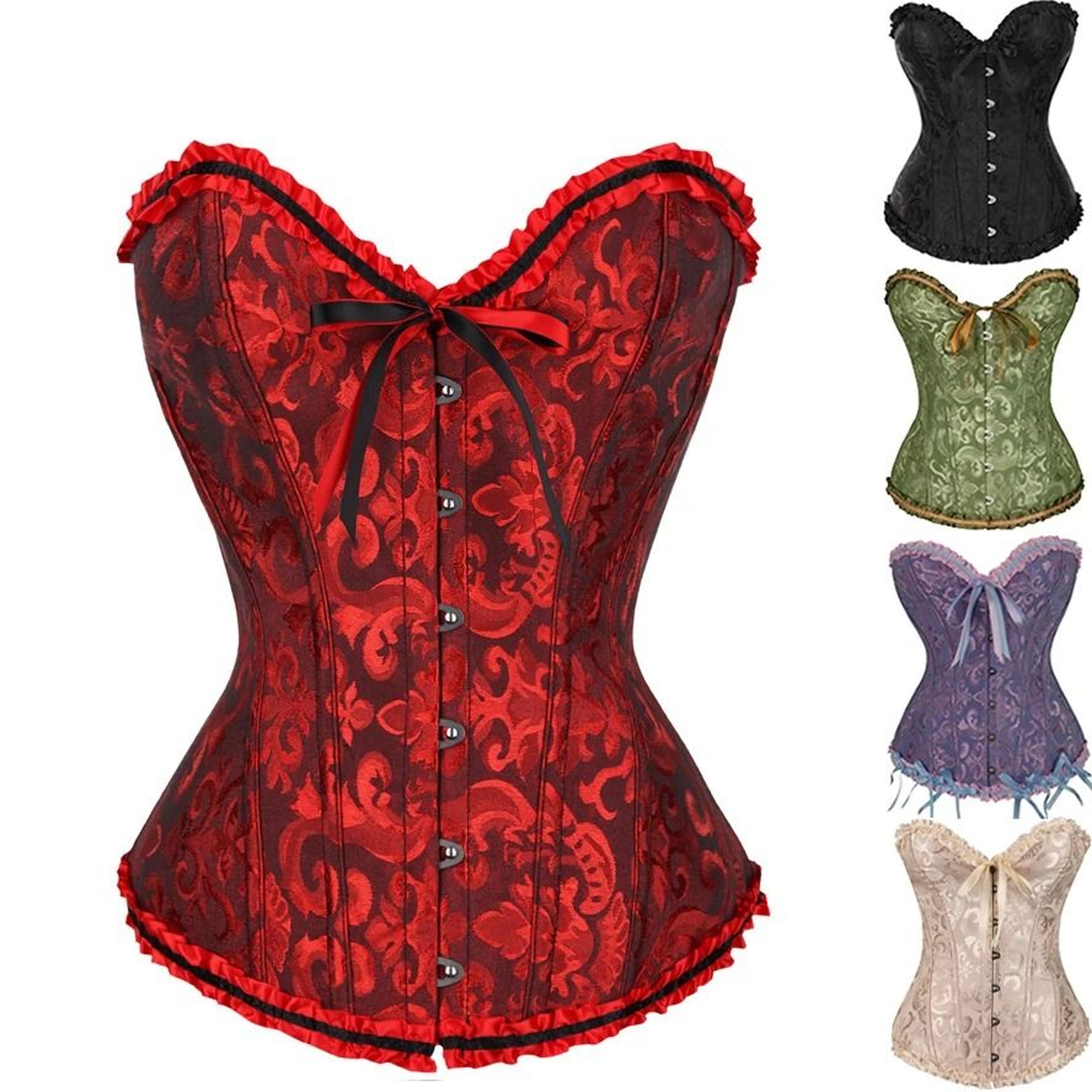 Womens Floral Lace Corset Satin Bustier Vintage Overbust Boned Top 1