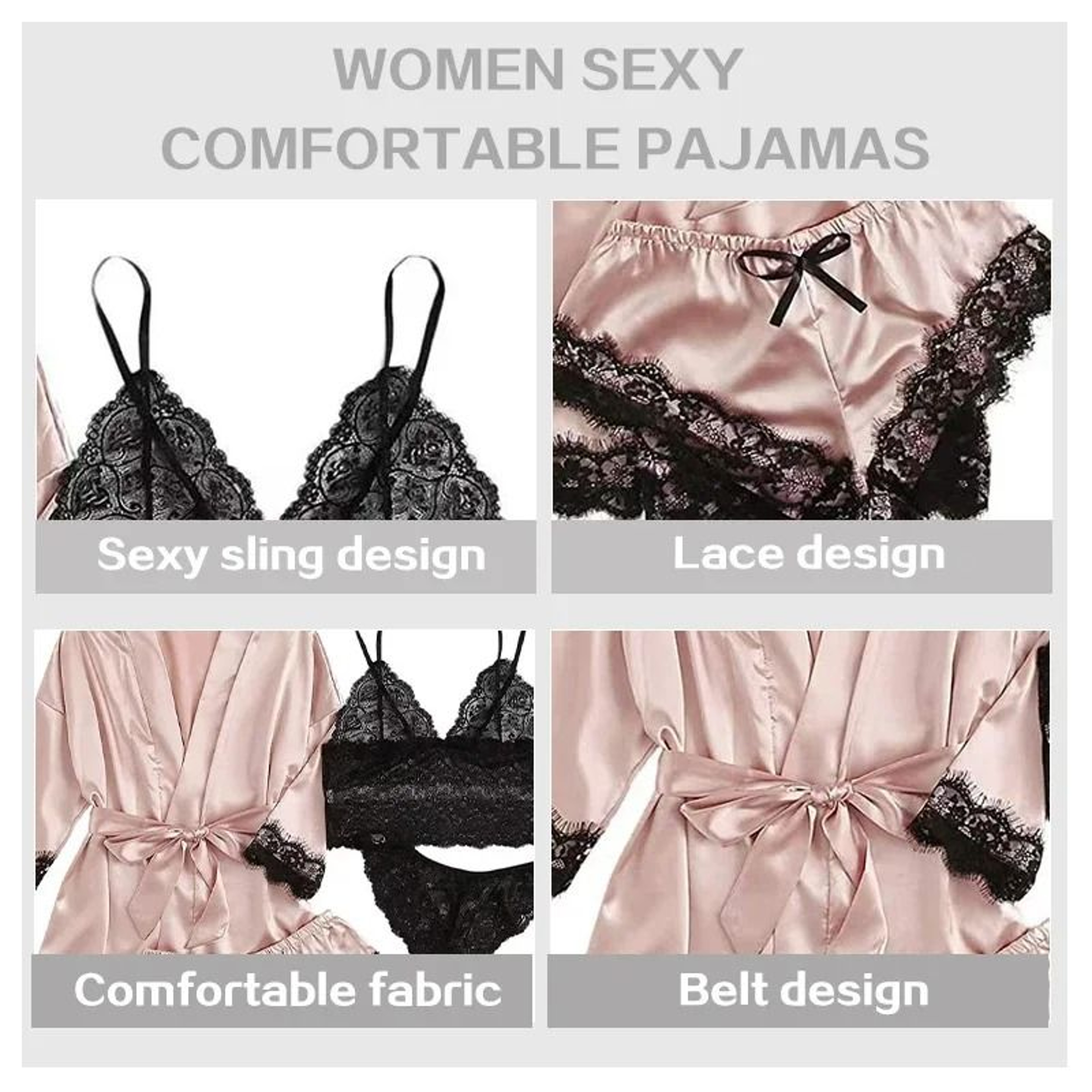 Womens Satin Sleepwear Four Piece Pajama Set With Robe Lace Nightwear 5