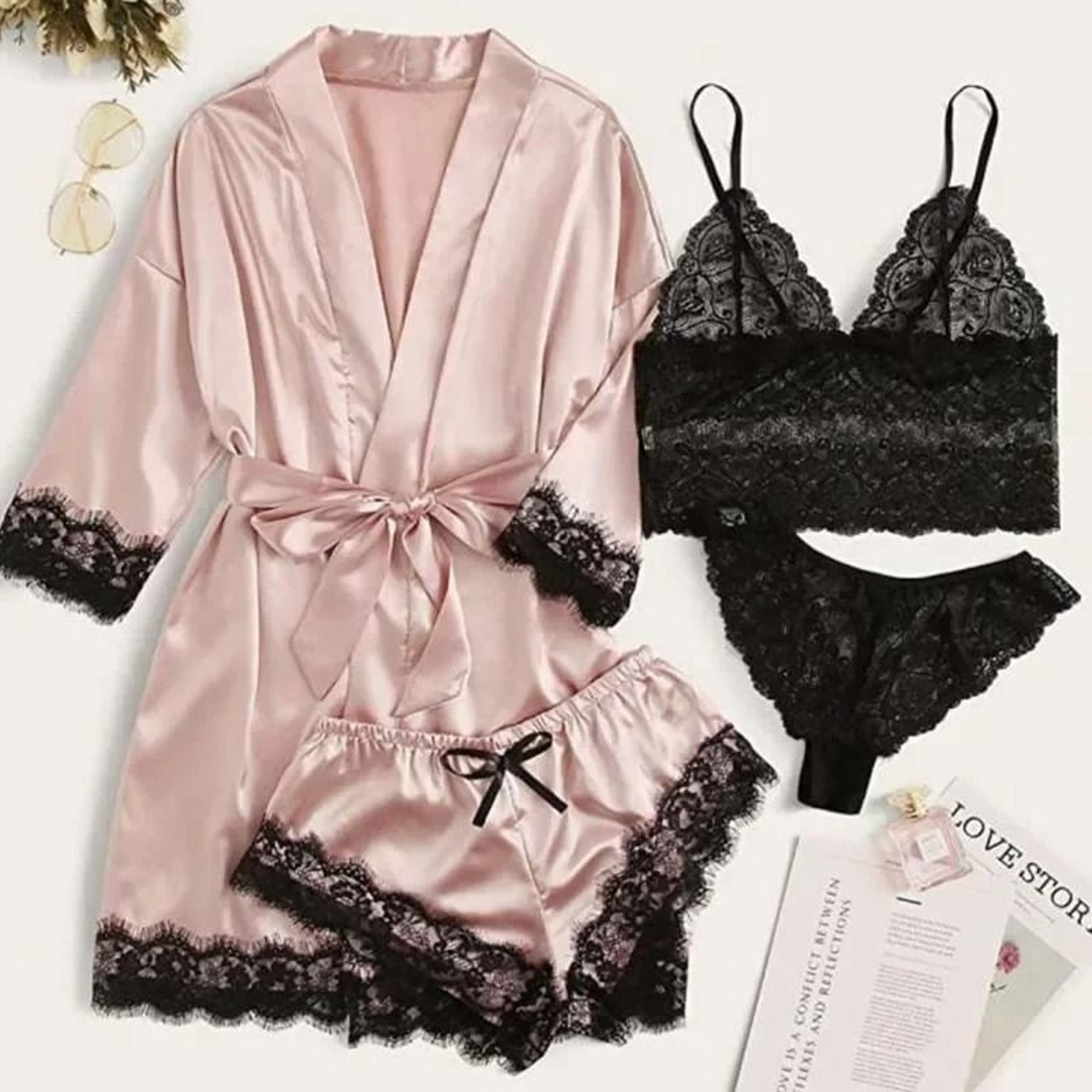 Womens Satin Sleepwear Four Piece Pajama Set With Robe Lace Nightwear 7