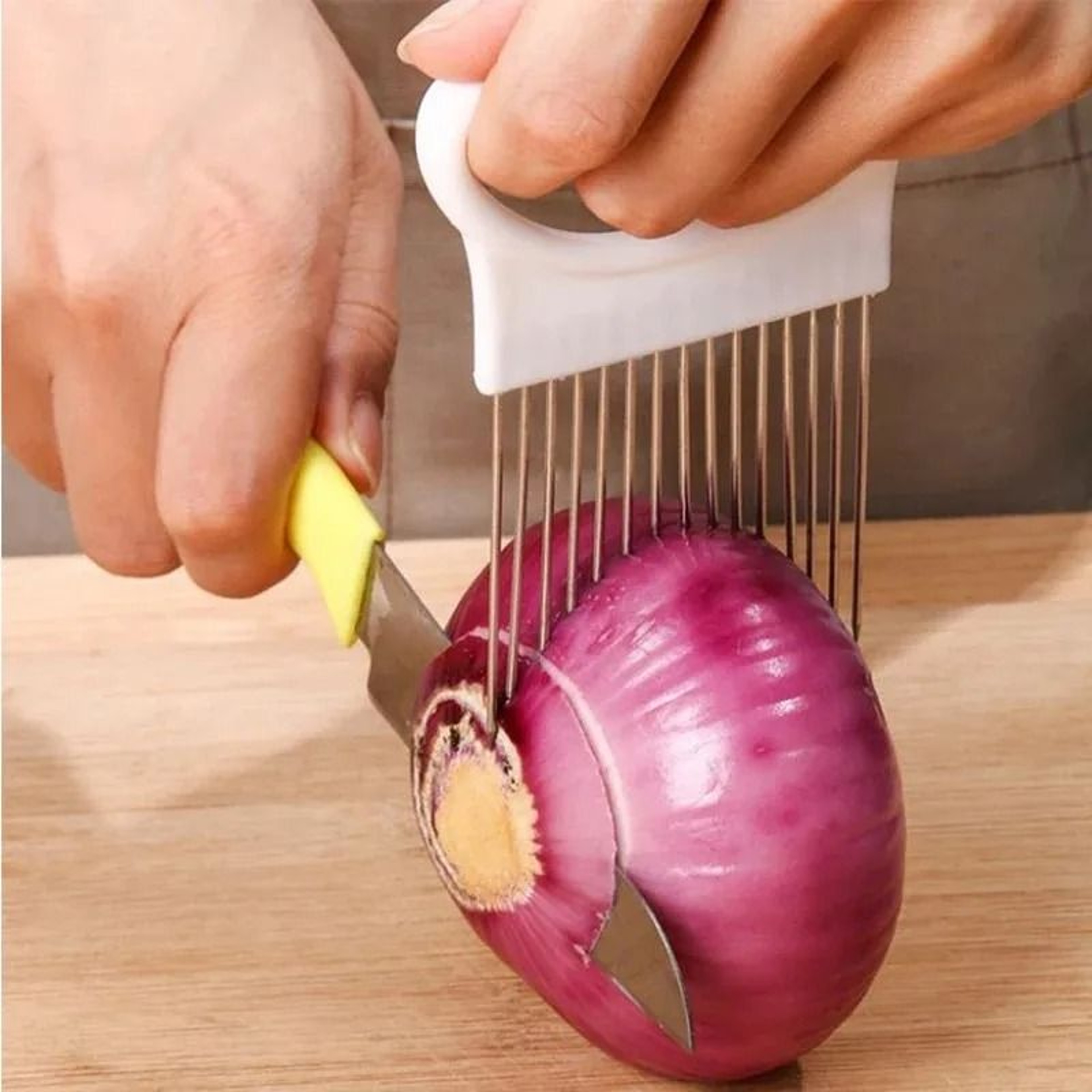 Stainless Steel Onion Slicer Holder Cutting Guide Fork Kitchen Tool 0