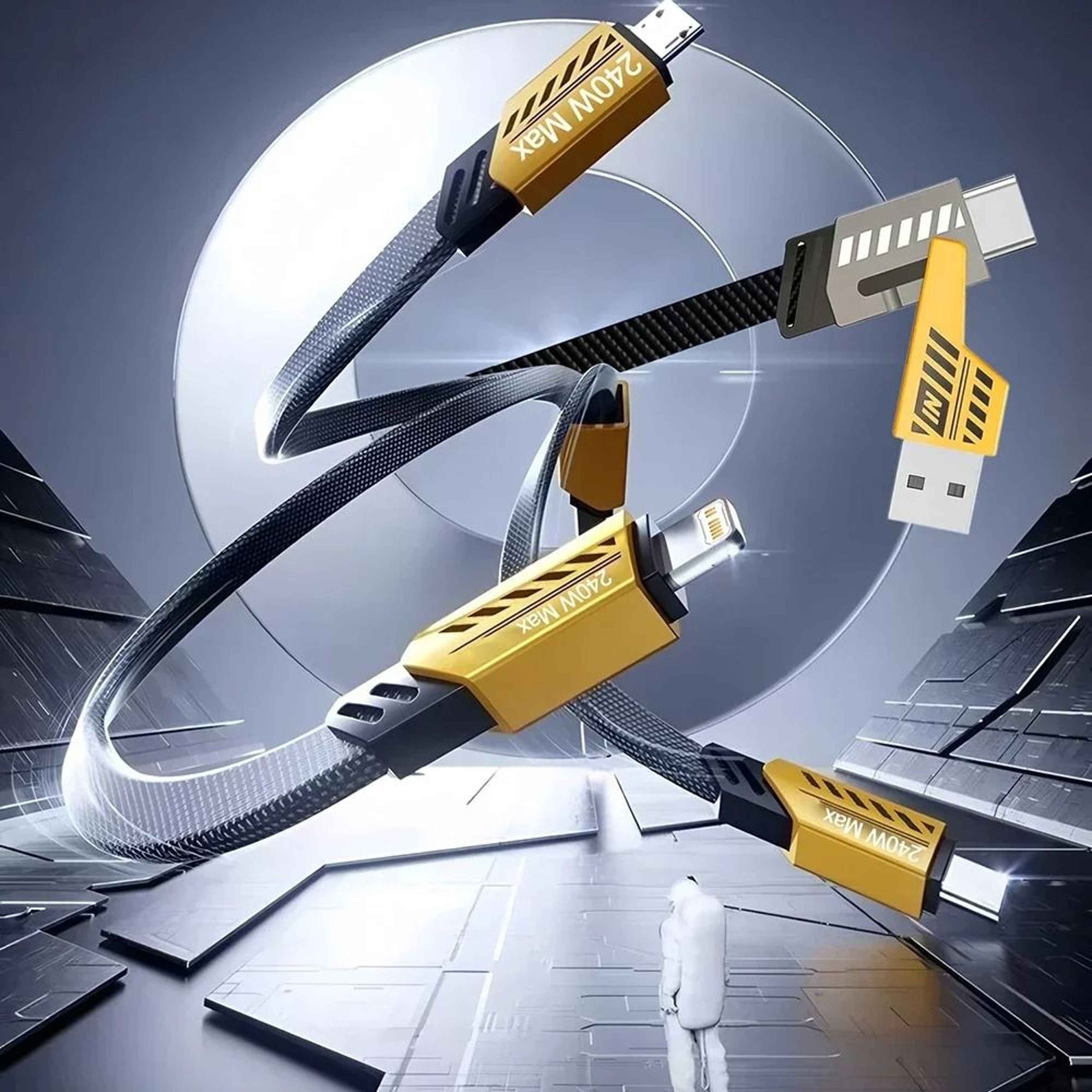 240W Nylon Braided Fast Charging Cable With 3in1 Multiport Connectors 4
