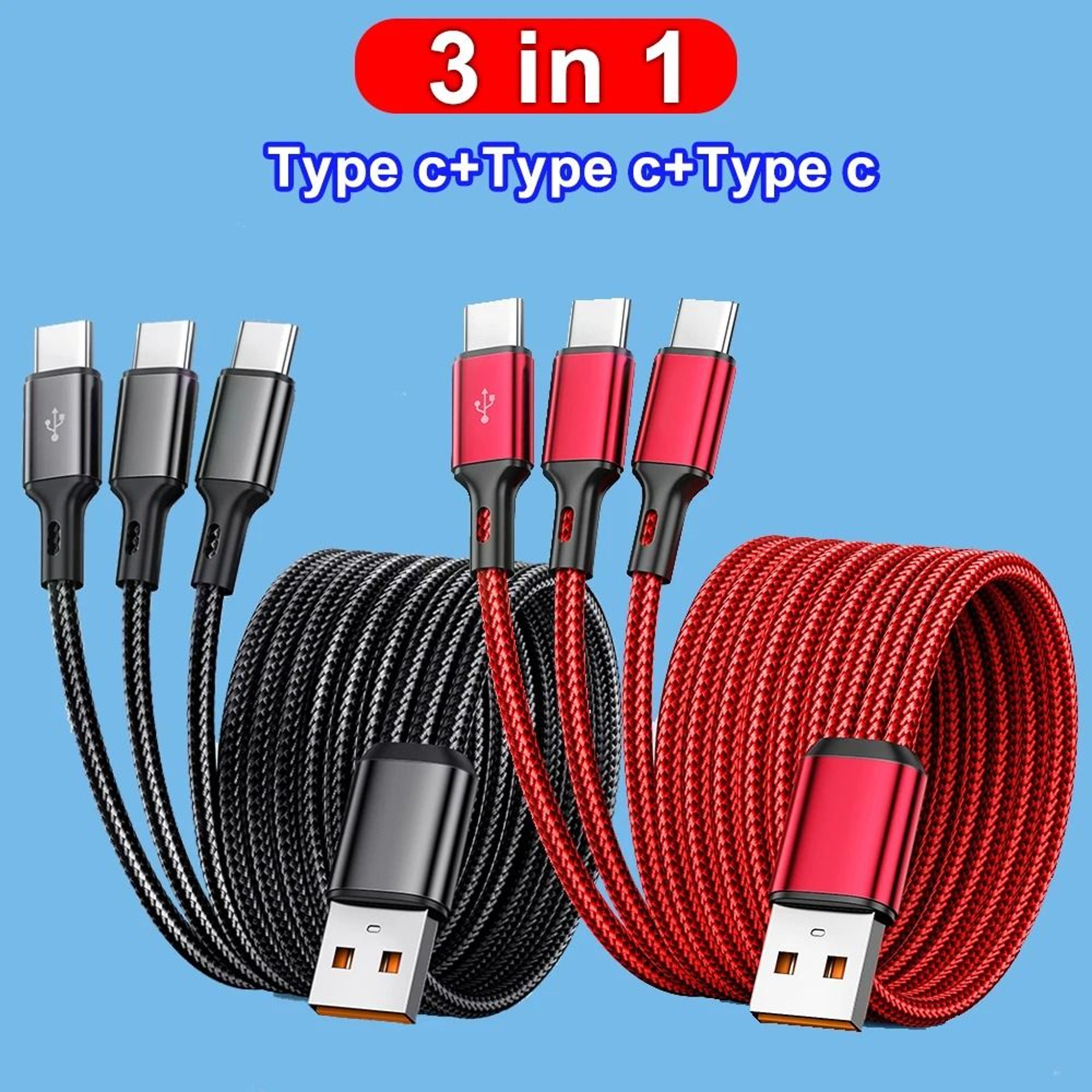 100W 3in1 Fast Charging Cable With Triple USBC Connectors 0