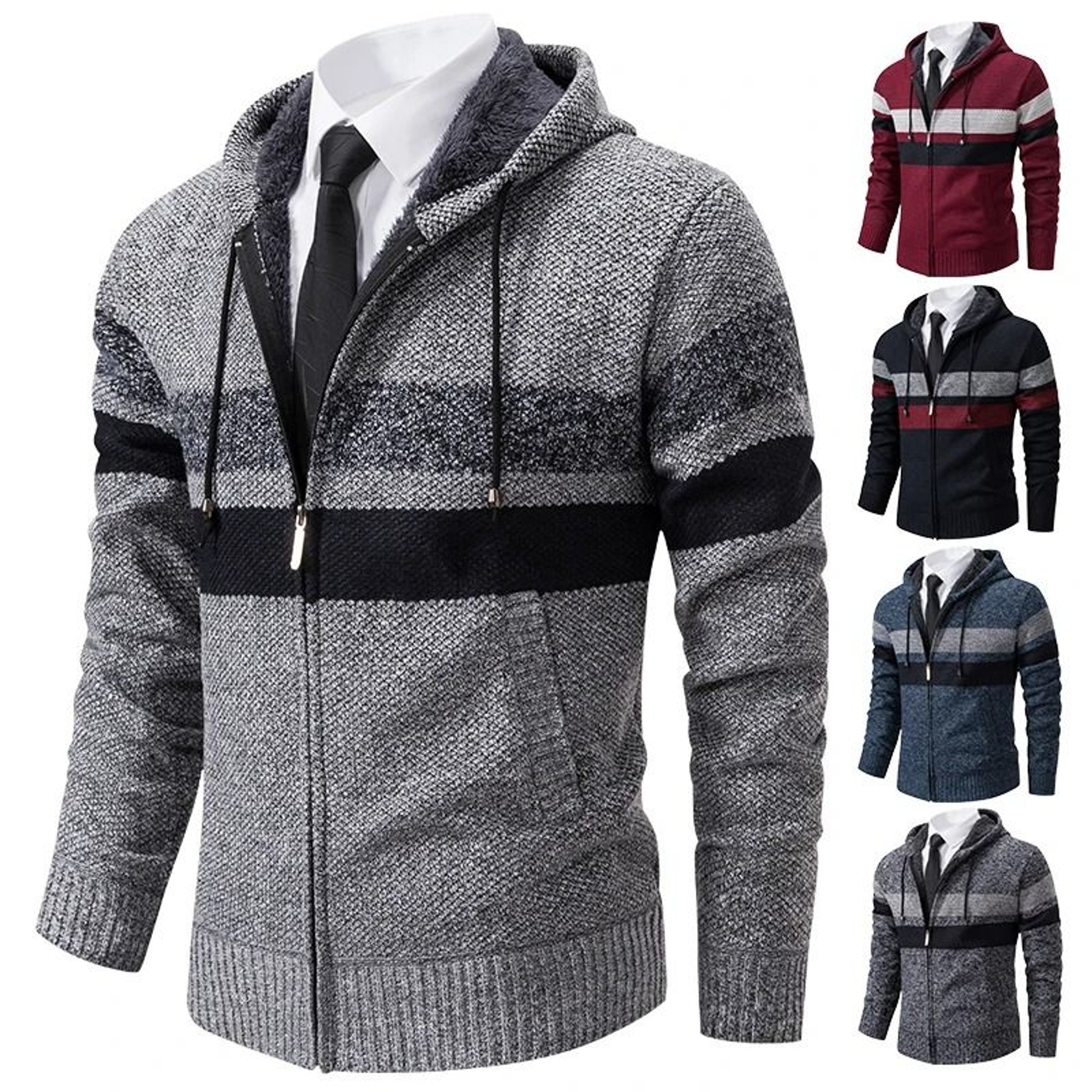 Mens Warm Striped Hooded Knit Cardigan For Autumn And Winter 3