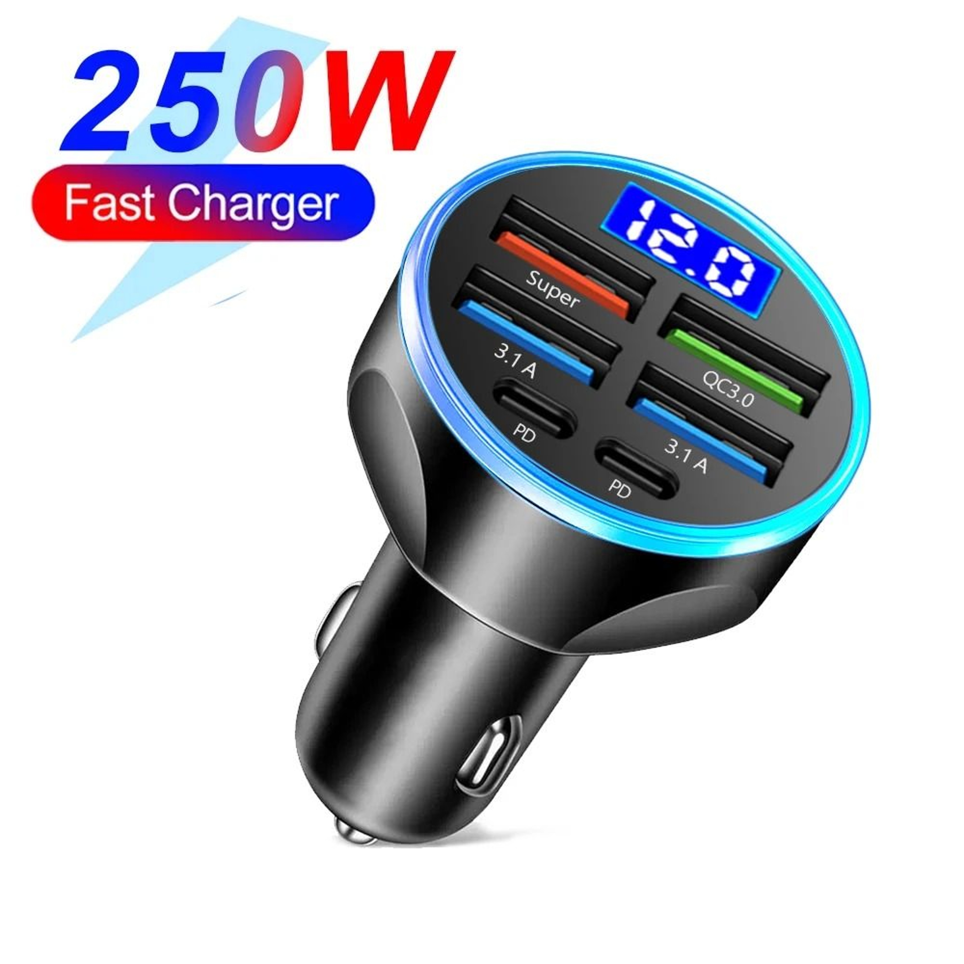 Fast Charge Car Charger With Digital Display 4 USB And 2 PD Ports 9