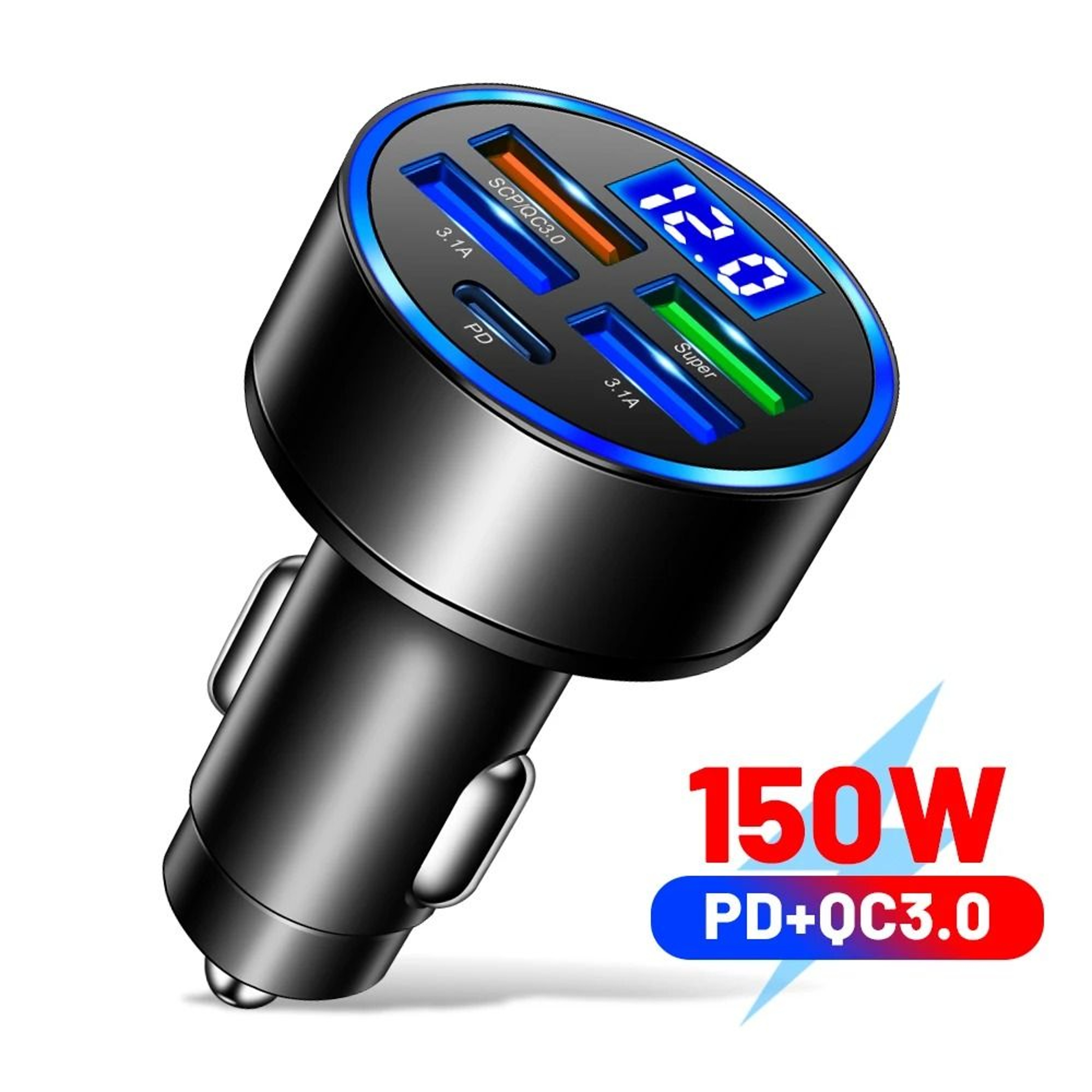 Fast Charge Car Charger With Digital Display 4 USB And 2 PD Ports 10