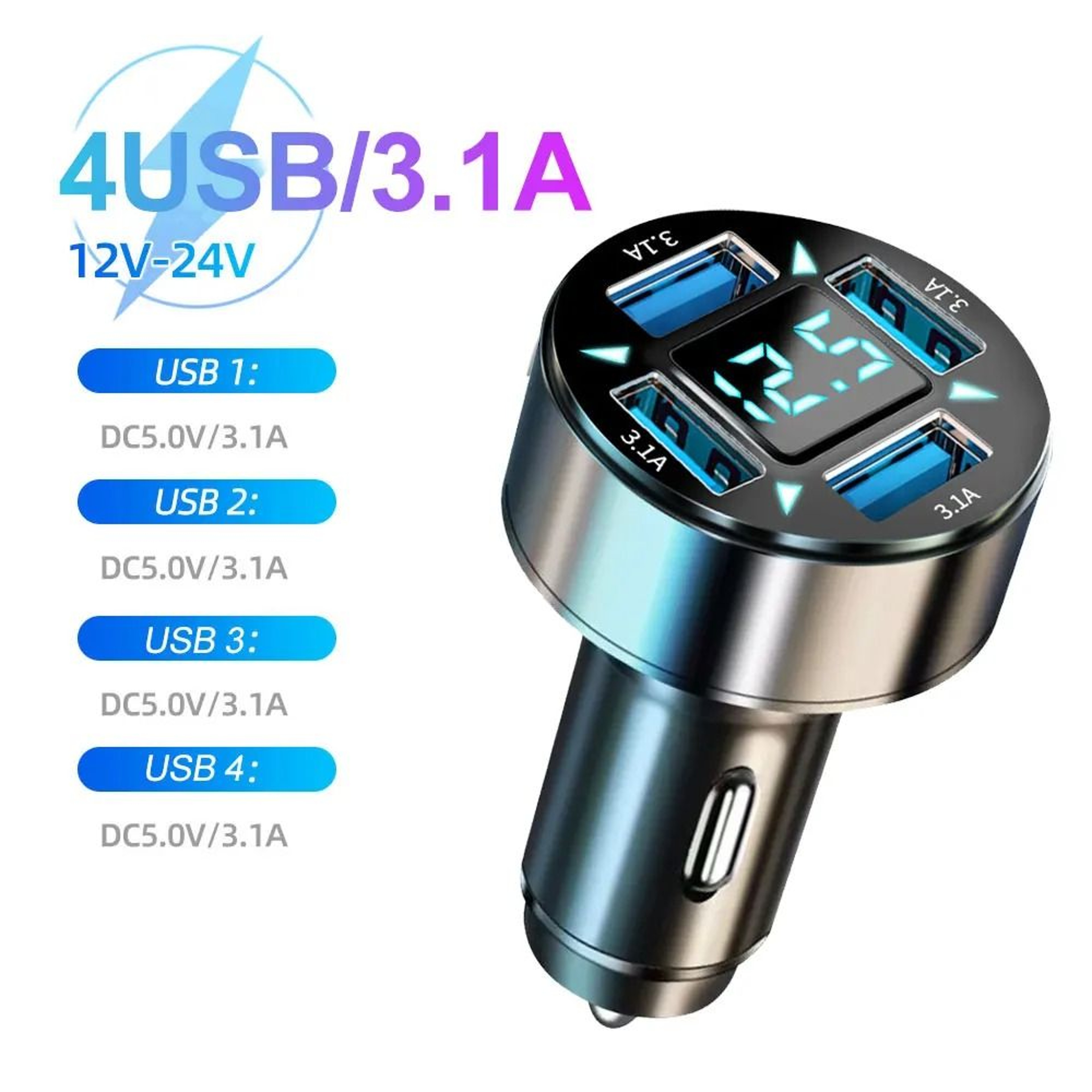 Fast Charge Car Charger With Digital Display 4 USB And 2 PD Ports 7