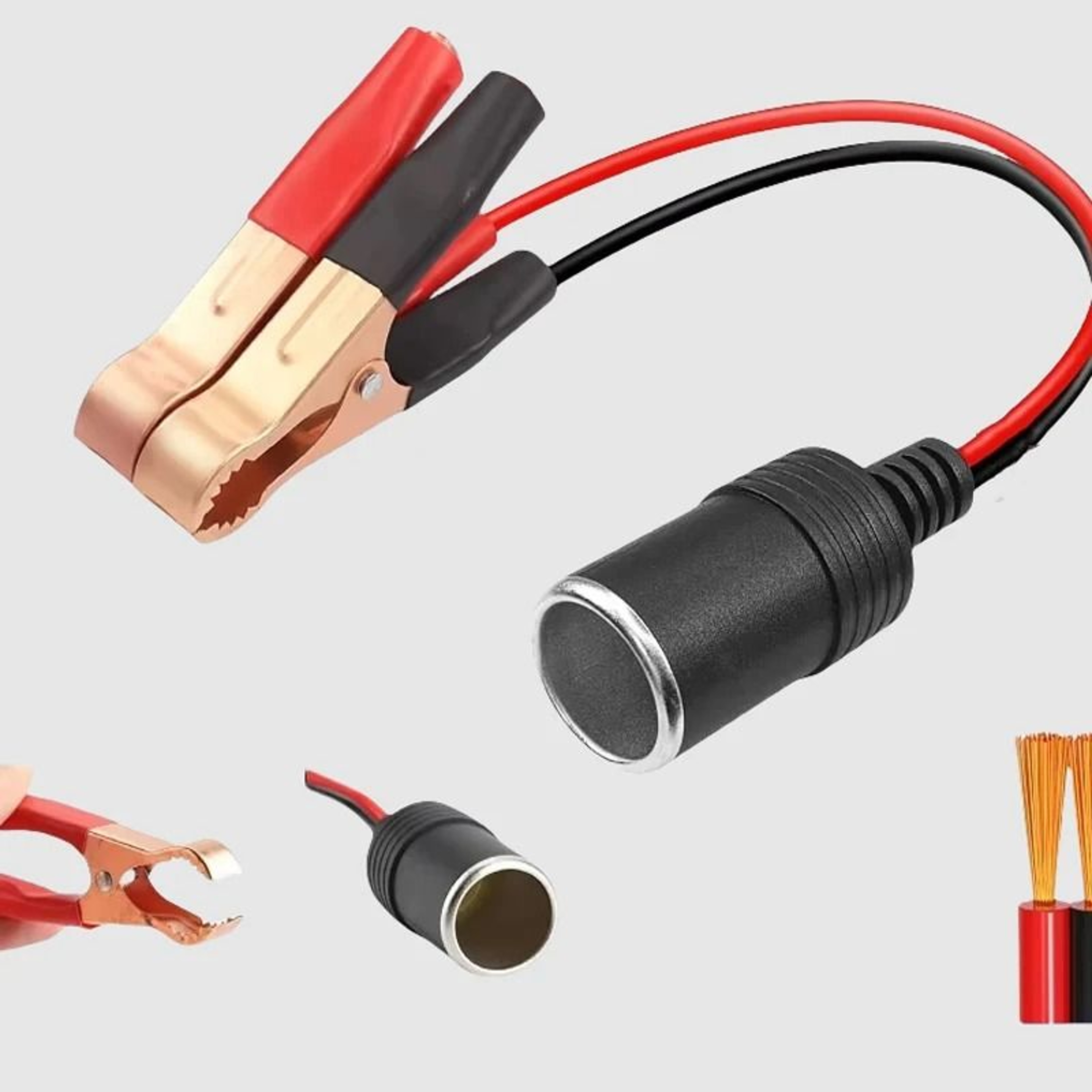 12V Car Battery Clip Adapter With Cigarette Lighter Socket High Power Copper Clamps 0