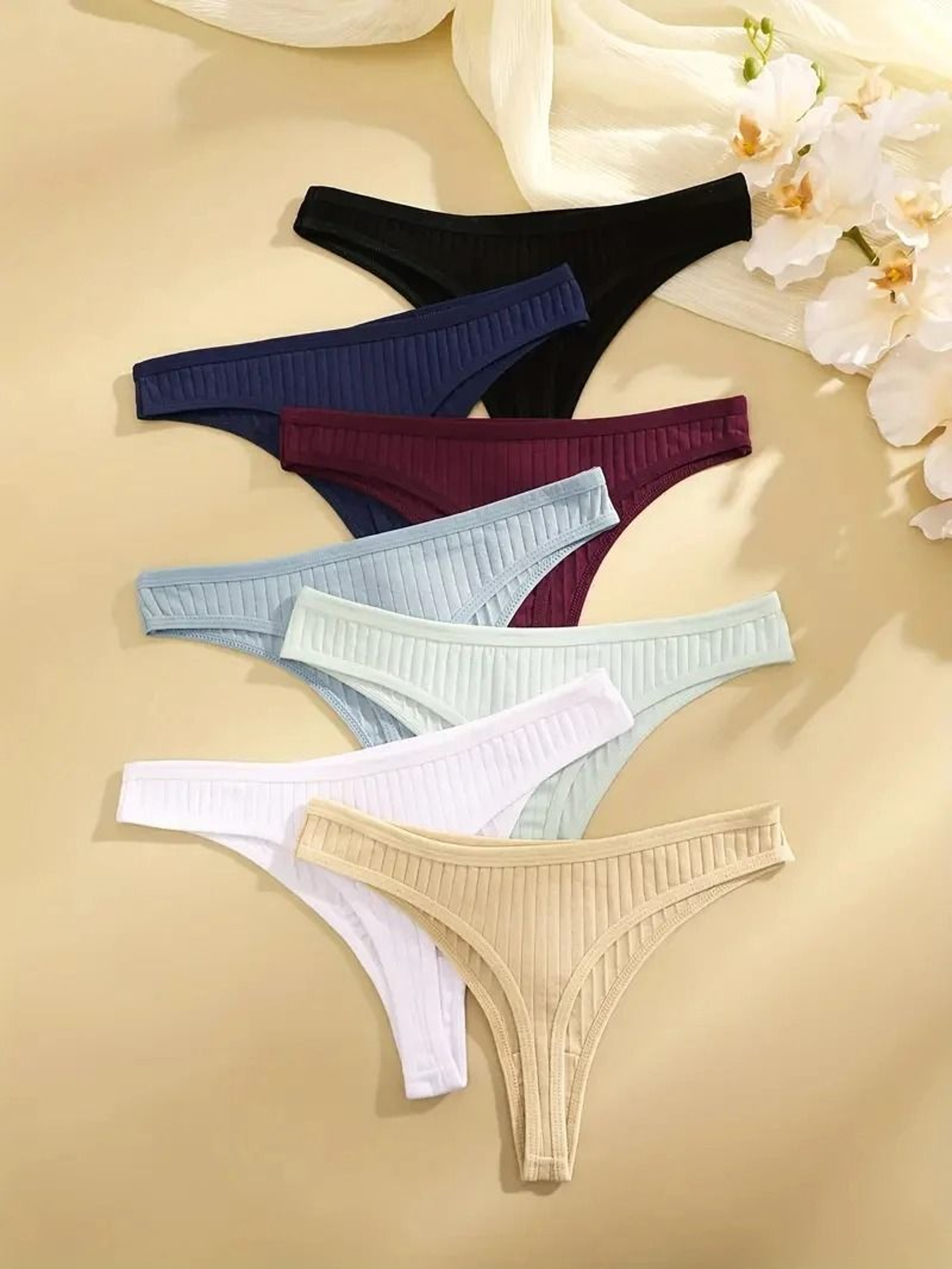 Womens Ribbed Cotton Thong Underwear Set 1