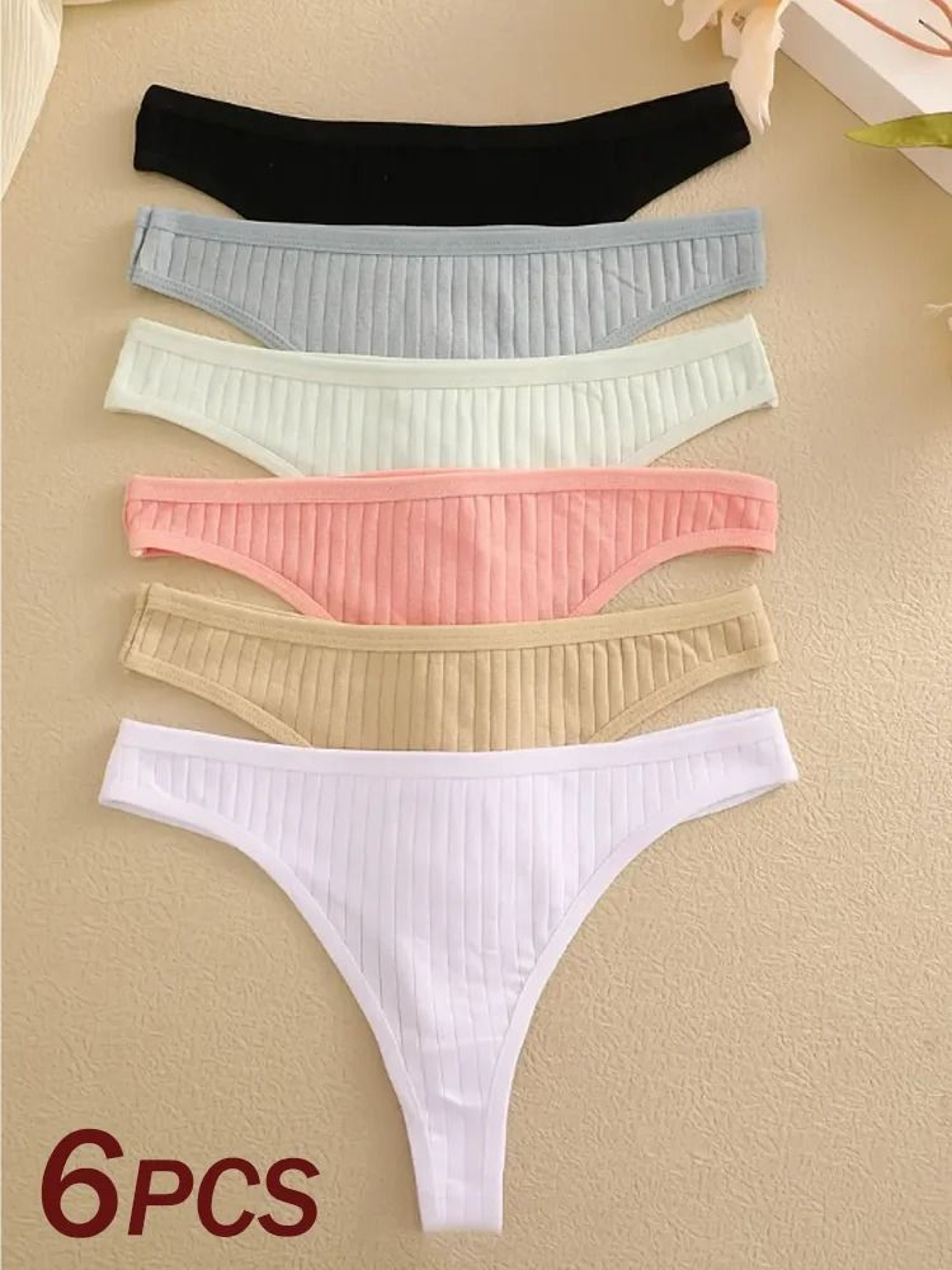 Womens Ribbed Cotton Thong Underwear Set 7