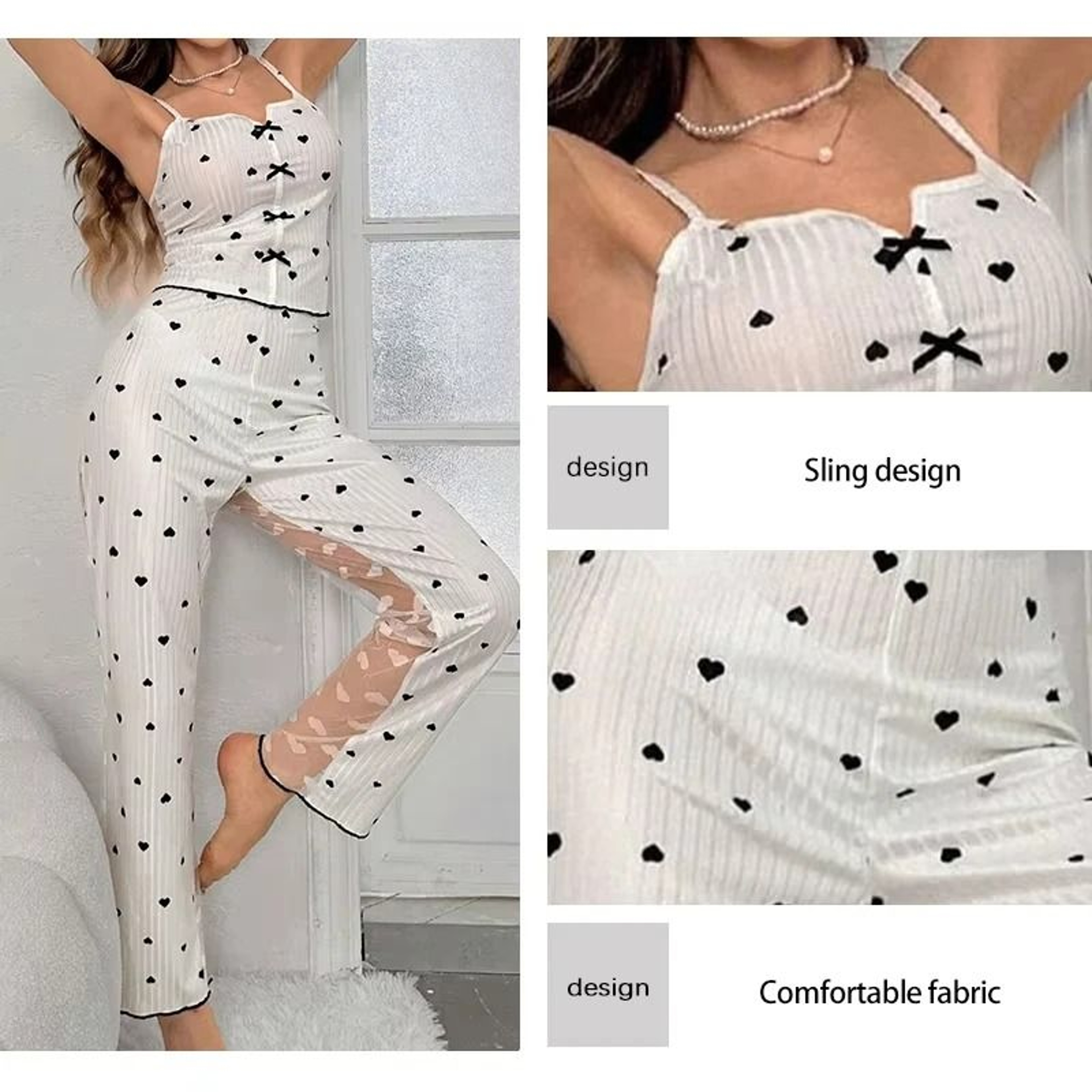 Womens Sheer Mesh Lace Two Piece Pajama Set With Ribbed Strap Top And Pants 3