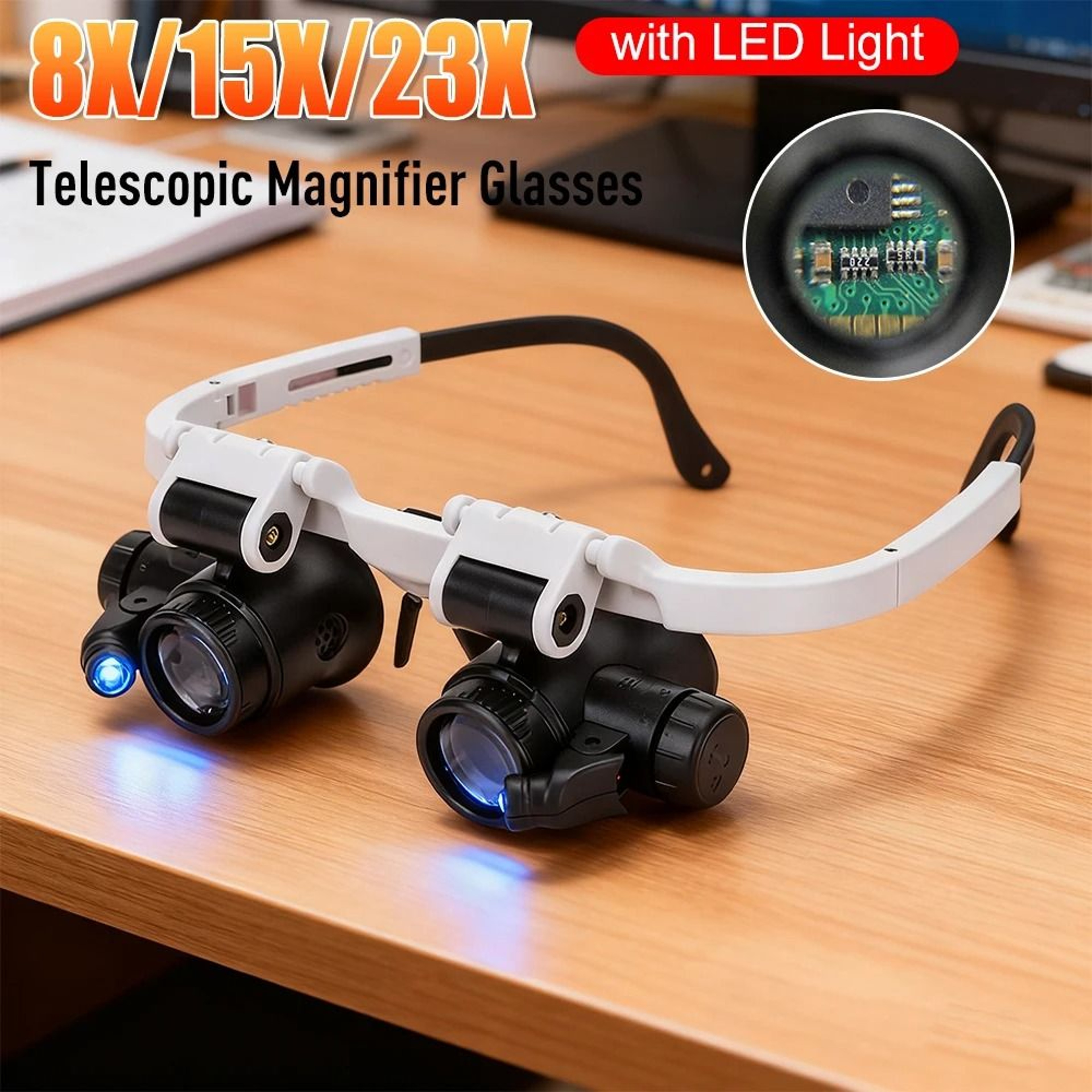 Headband Magnifying Glass With LED Light 8X 15X 23X 0