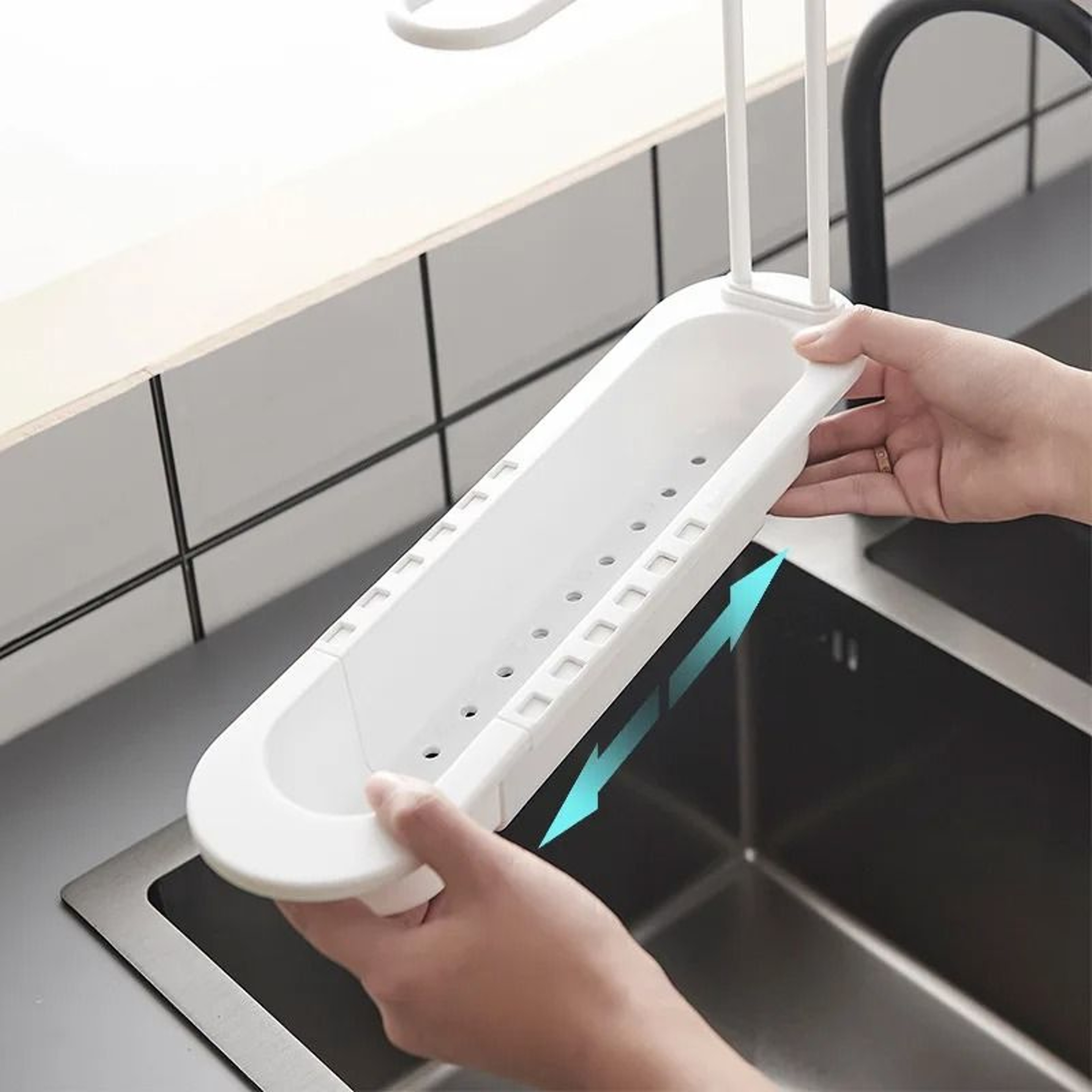 Telescopic Sink Drain Rack With Hooks And Soap Storage 5
