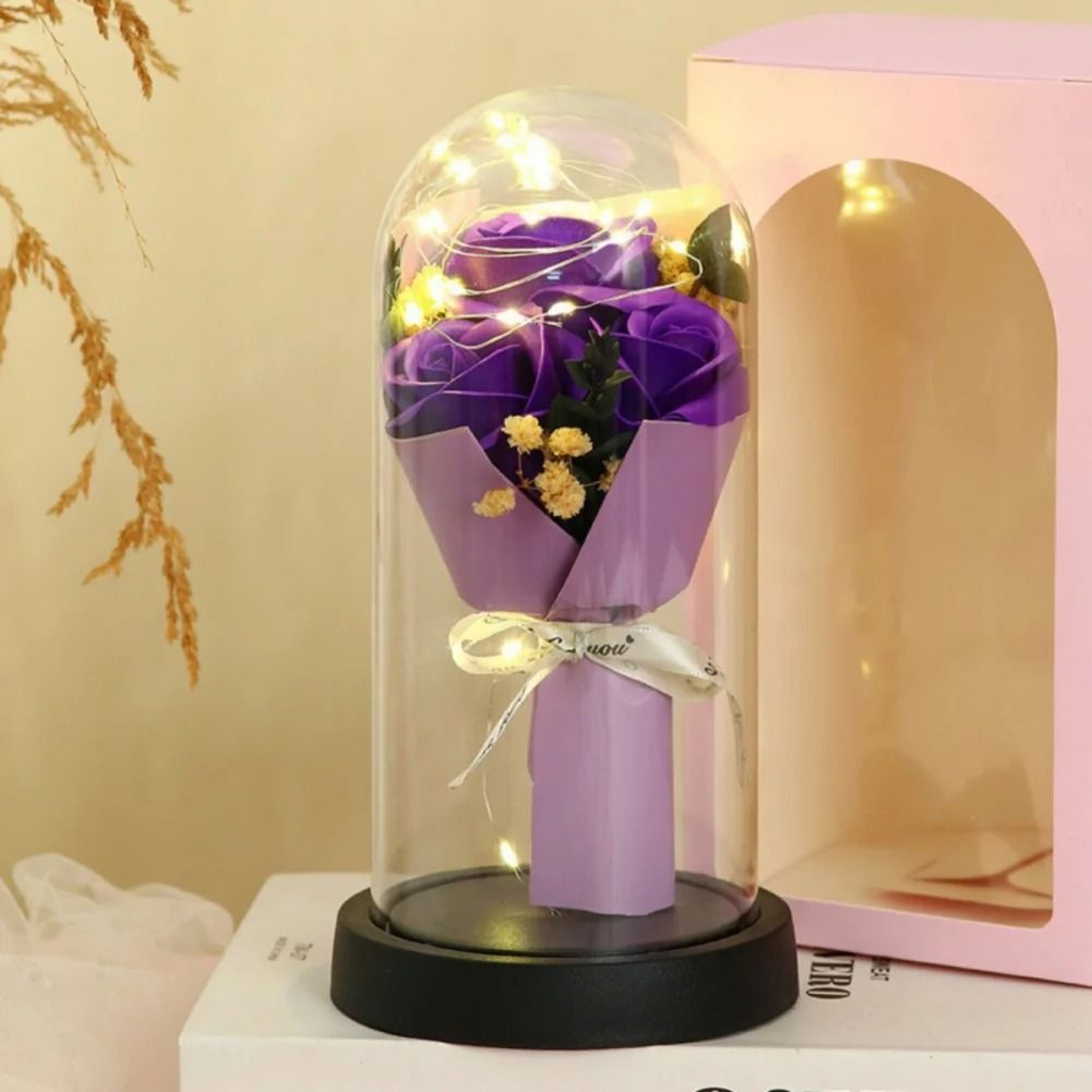 LED Eternal Rose Glass Dome With Gold Foil Flower 2