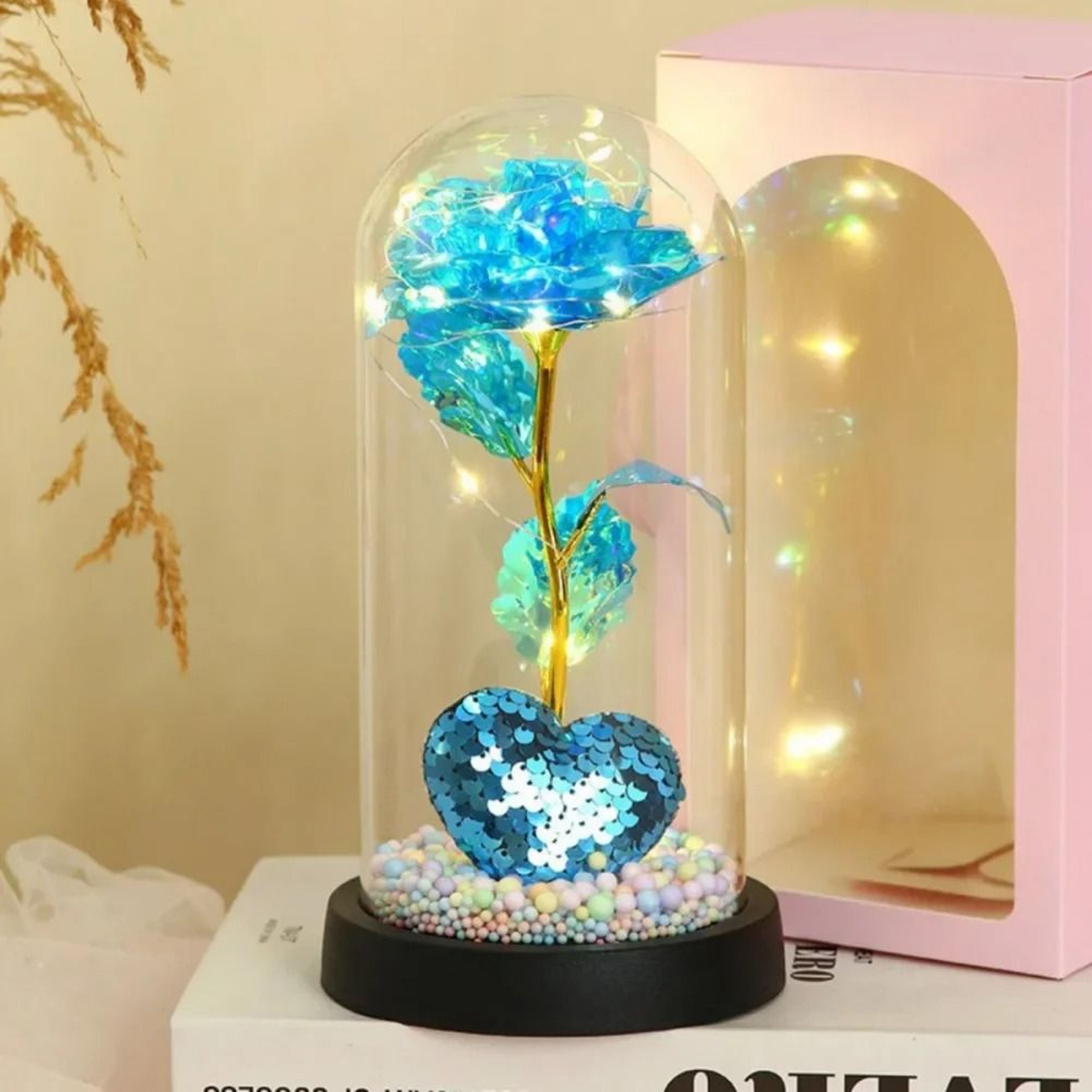 LED Eternal Rose Glass Dome With Gold Foil Flower 7