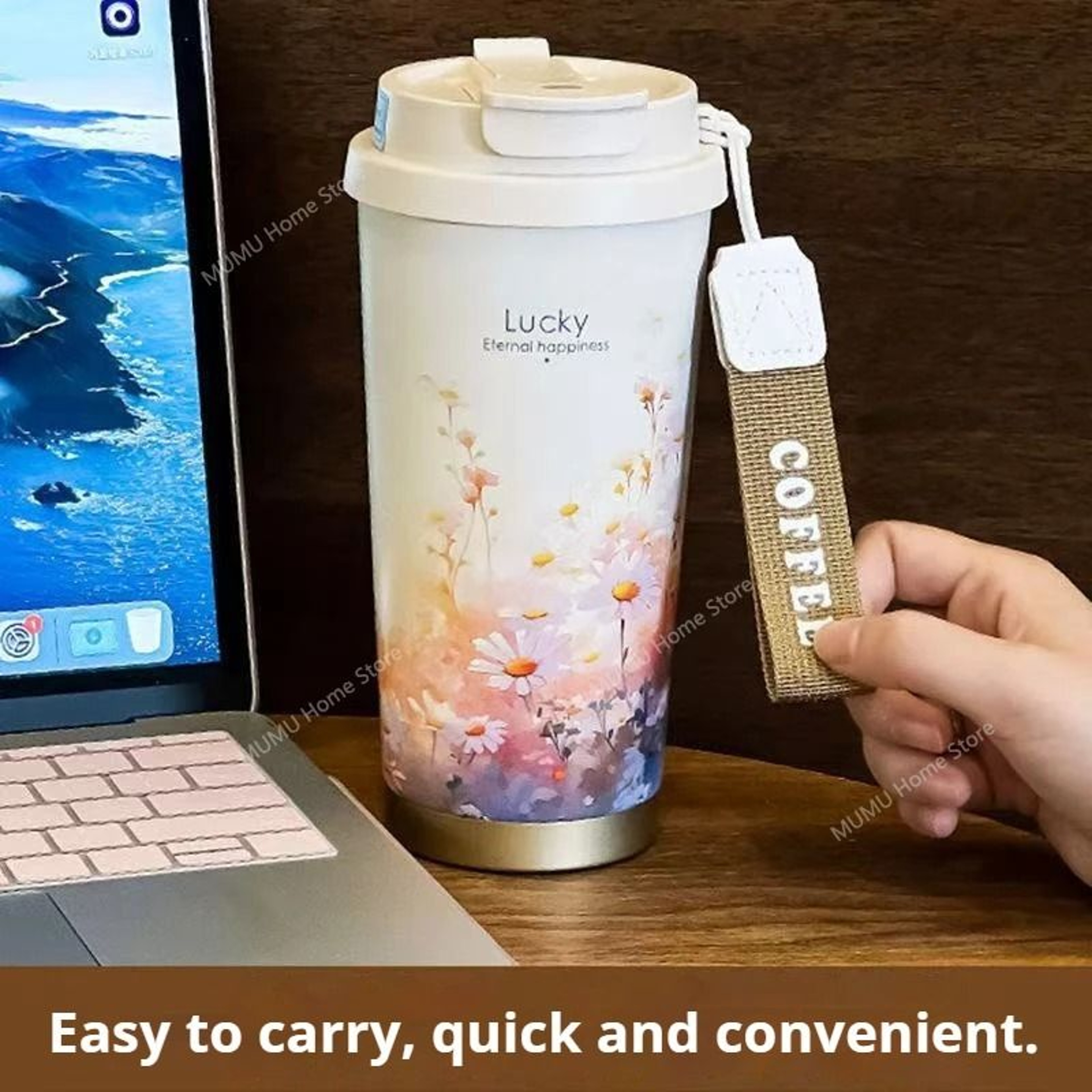 Stainless Steel Vacuum Insulated Travel Tumbler With Floral Pattern For Hot And Cold Drinks 3