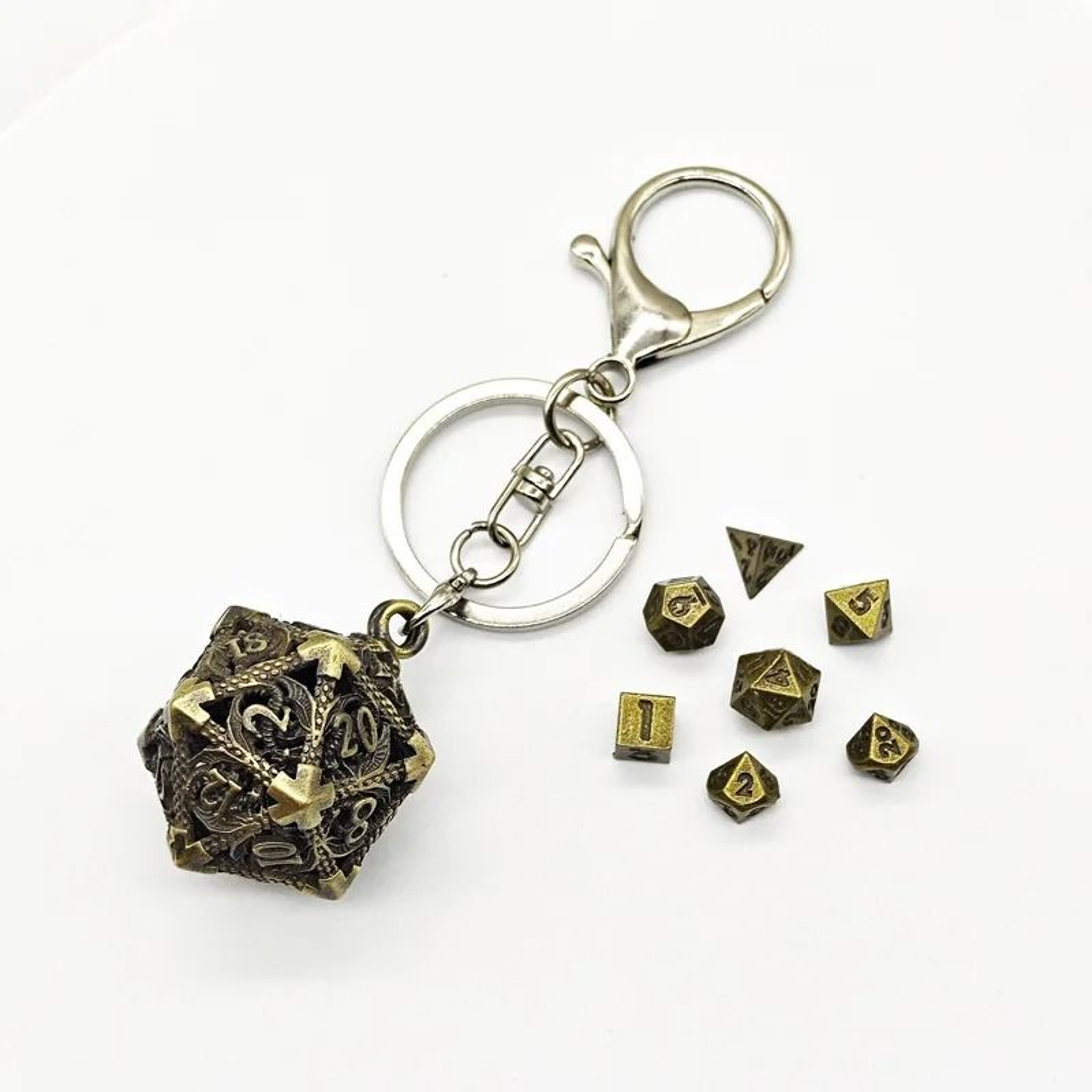 Mini Metal Dragon Skeleton Dice Keychain Set With Polyhedral Dice Pendant 1