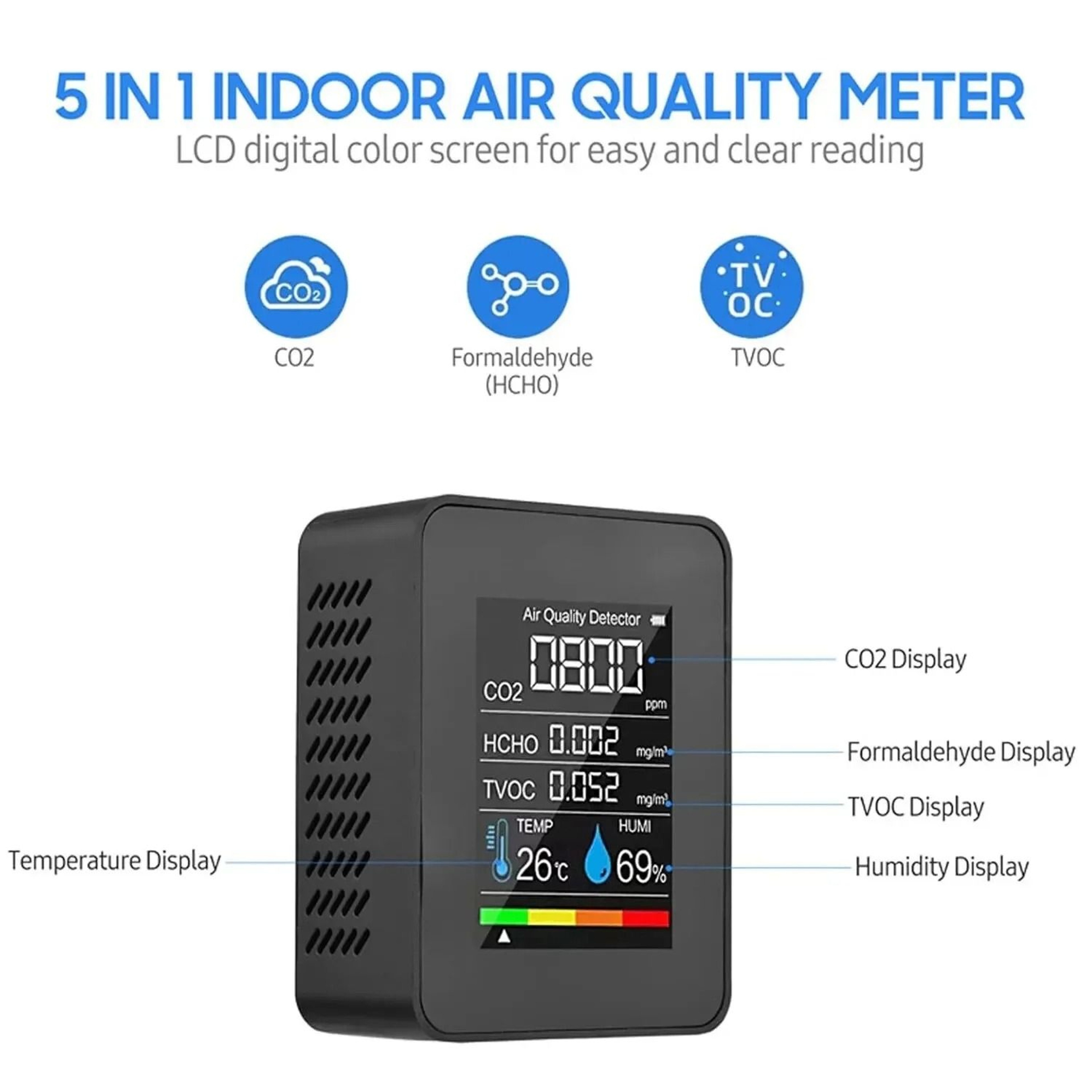 5 In 1 Air Quality Monitor CO2 TVOC HCHO Meter With Temperature And Humidity Display 1