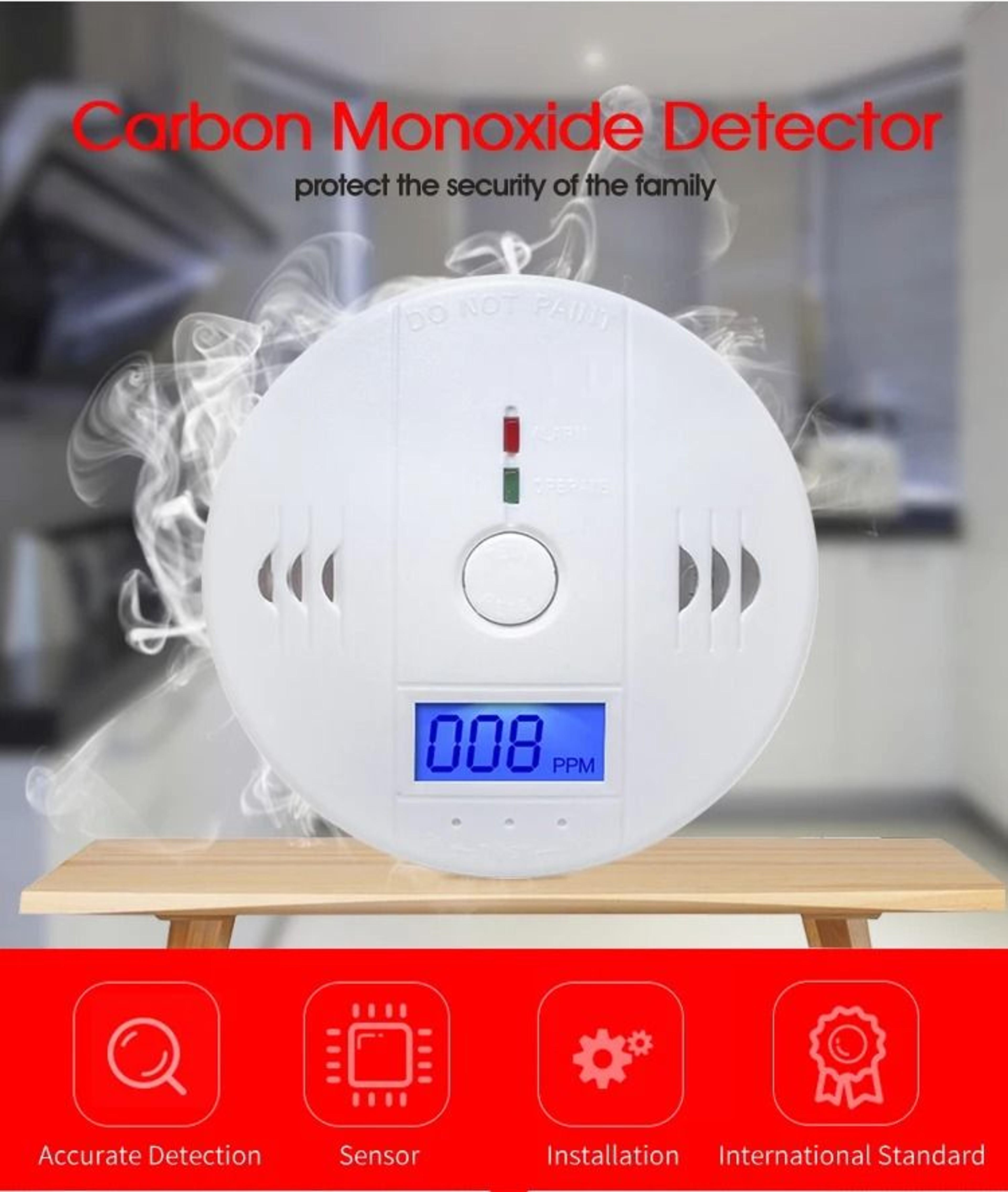 Digital Carbon Monoxide Alarm Detector With LCD Display And 85dB Loud Warning 0