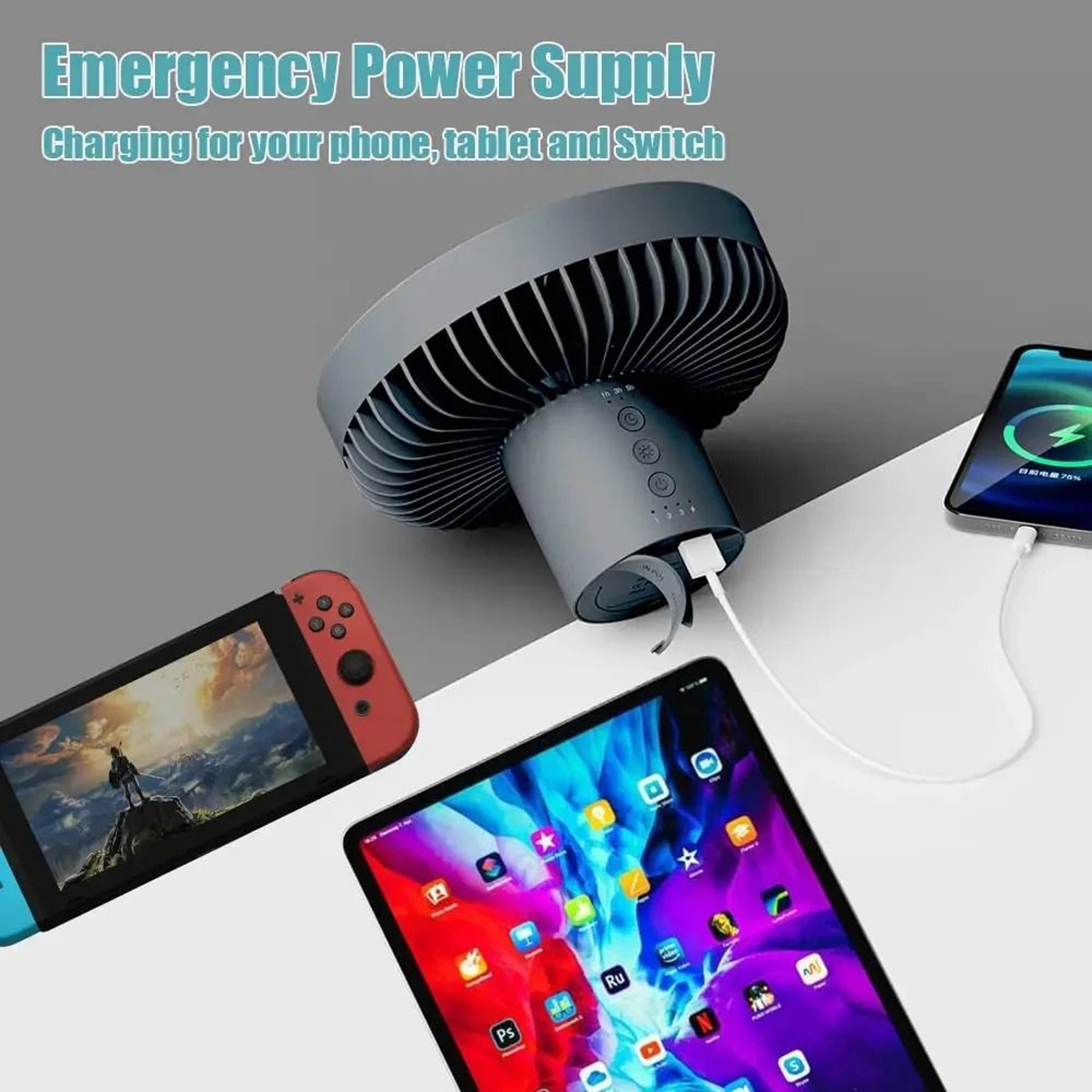 10000mAh Rechargeable Camping Fan With LED Light And Power Bank Portable Desk And Hanging Fan 4