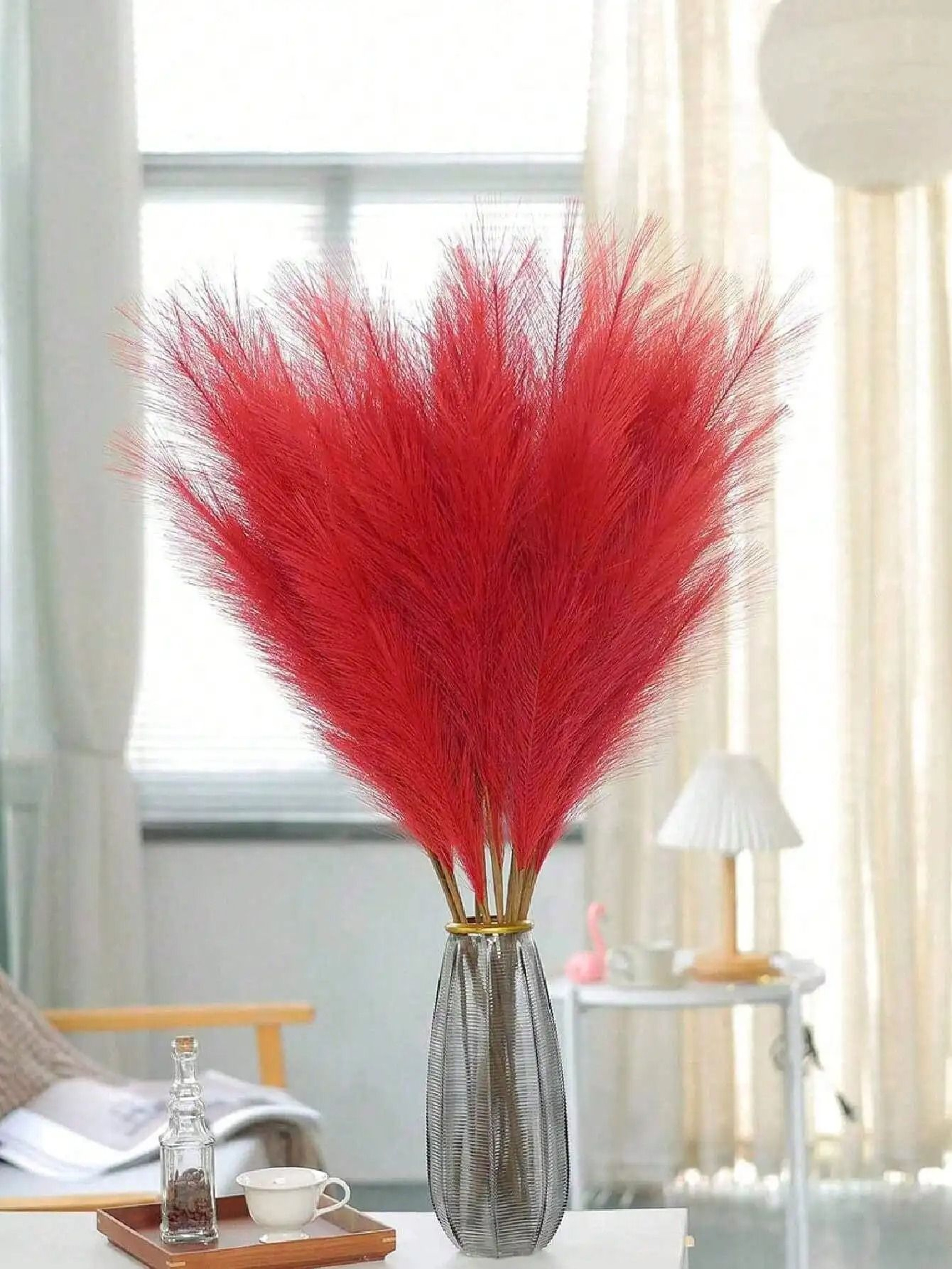 Red Faux Pampas Grass Stems For Wedding And Home Decor 5 Piece Set 0