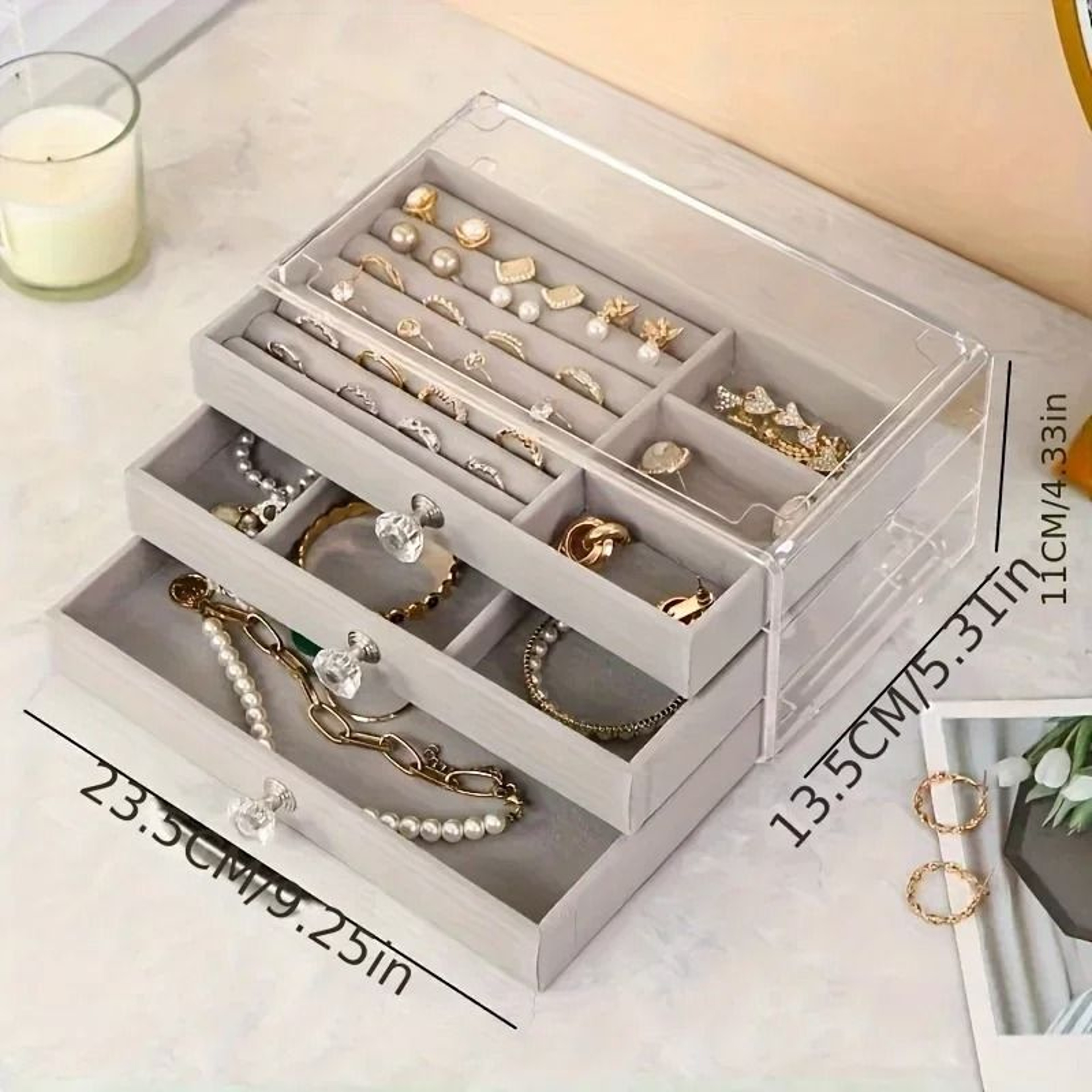 3 Tier Dust Proof Acrylic Jewelry Organizer Box In Pink 2