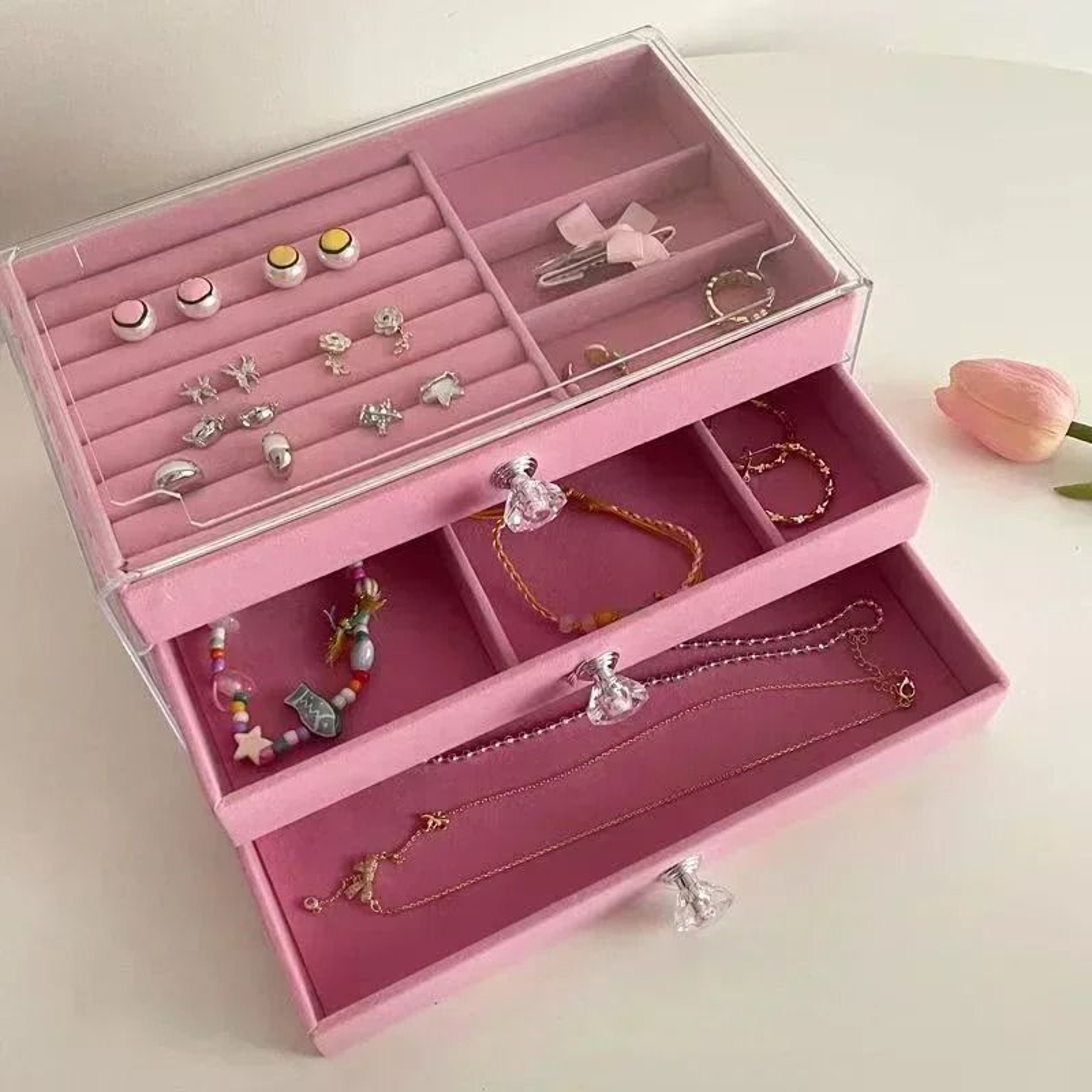 3 Tier Dust Proof Acrylic Jewelry Organizer Box In Pink 6