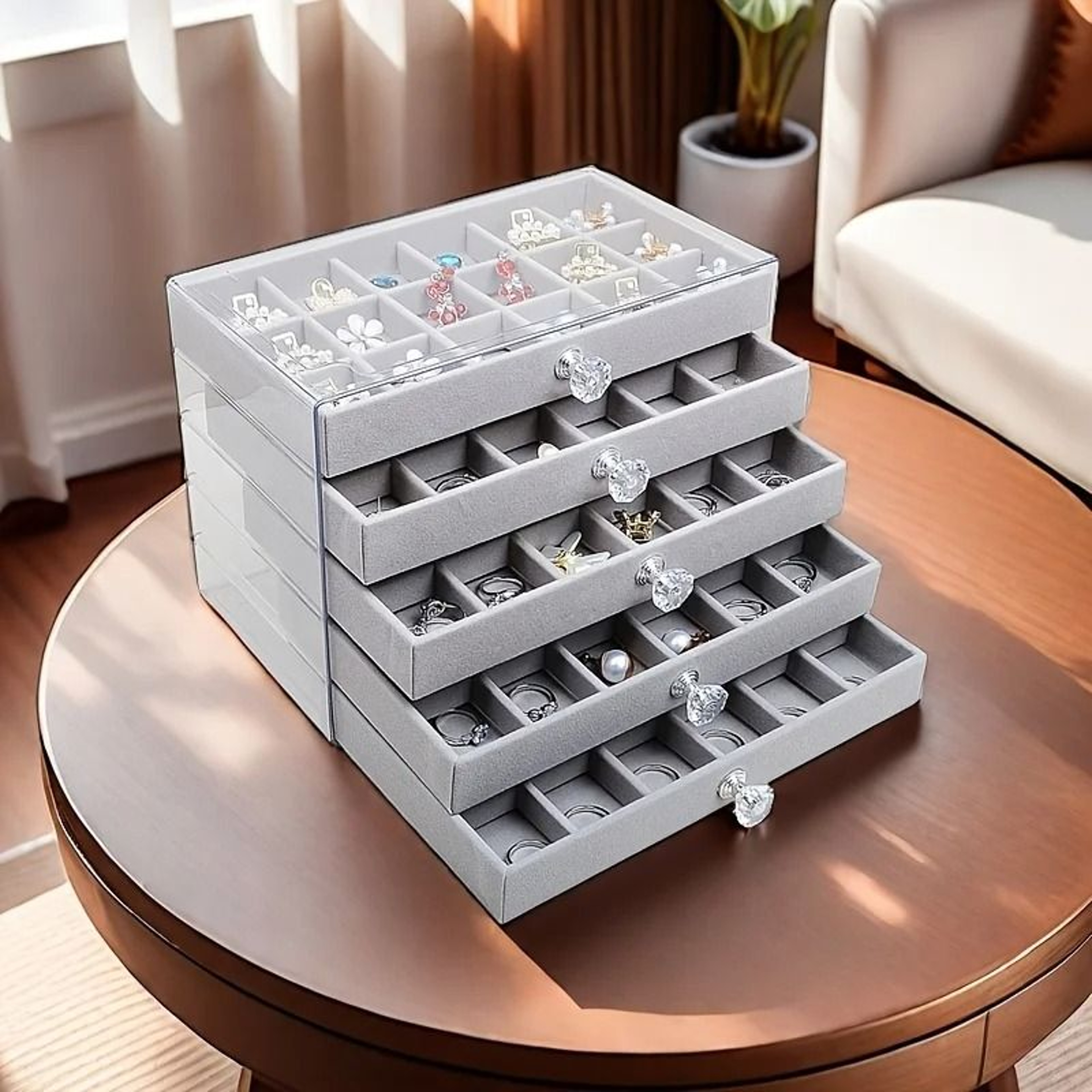 5 Tier Velvet Jewelry Organizer Box With Transparent Compartments 6