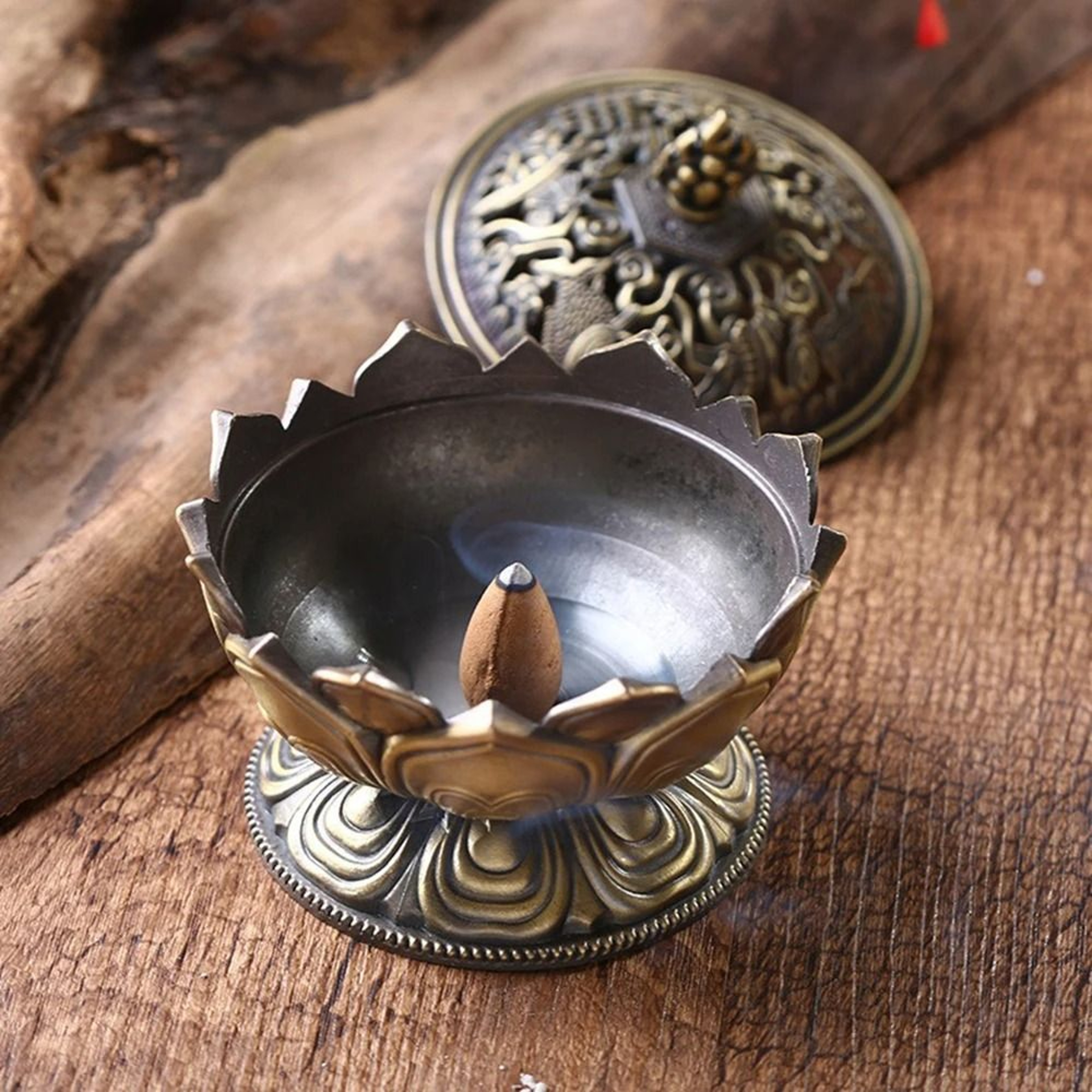 Lotus Flower Incense Burner Brass Style Buddhist Decor Mini Metal Censer 3