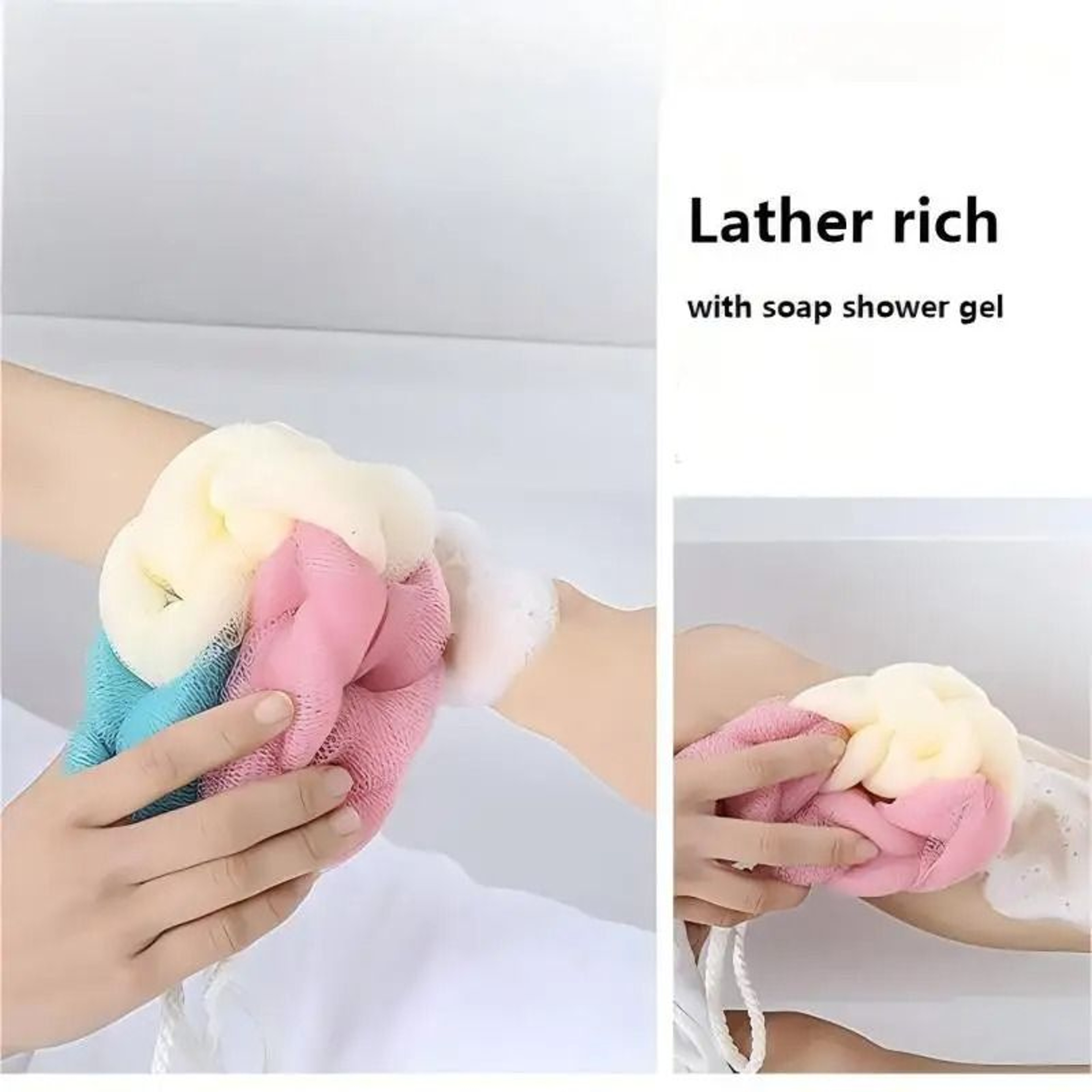 Exfoliating Bath Loofah Ball Color Block Foam Mesh Shower Sponge With Long Strap 4