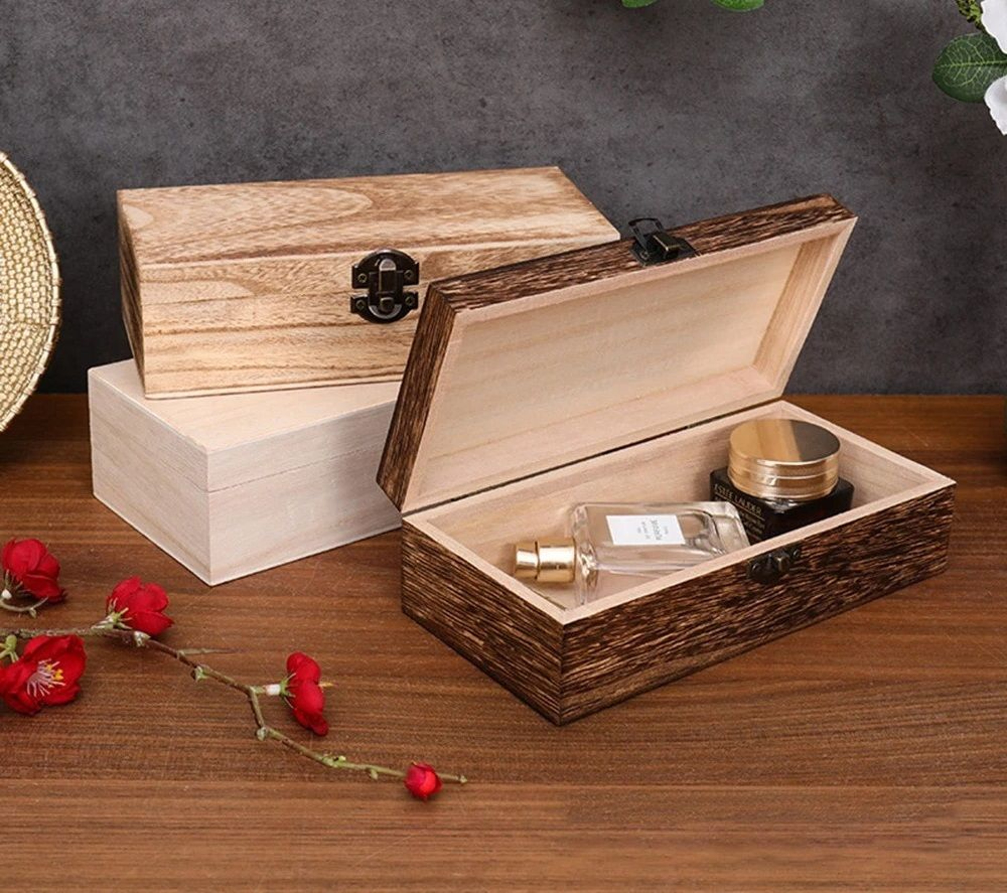 Rectangular Wooden Gift Box Storage Organizer With Hinged Lid And Latch 1