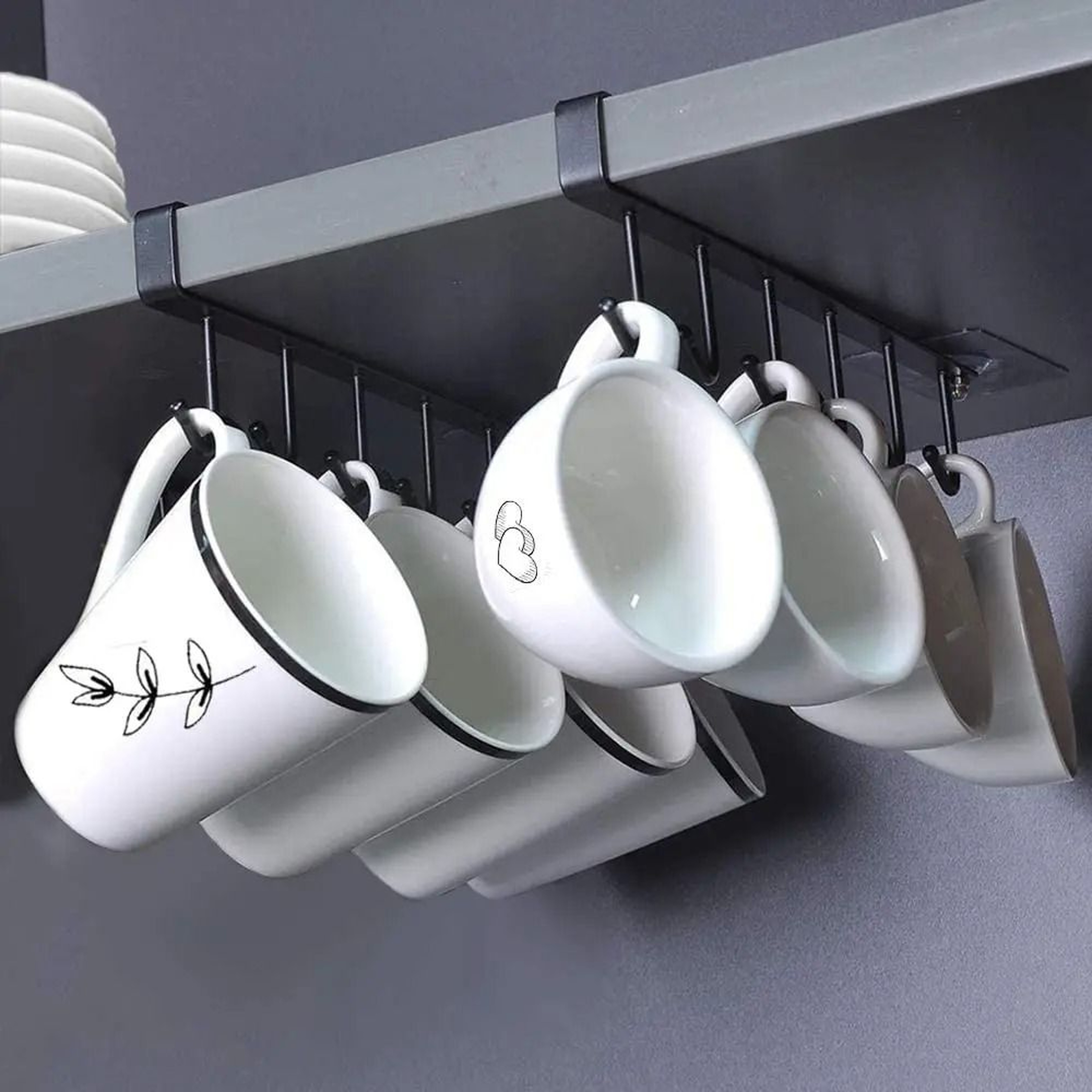 6 Hook Coffee Mug Holder Shelf Under Cabinet Cup Hanging Organizer Black Or White 3