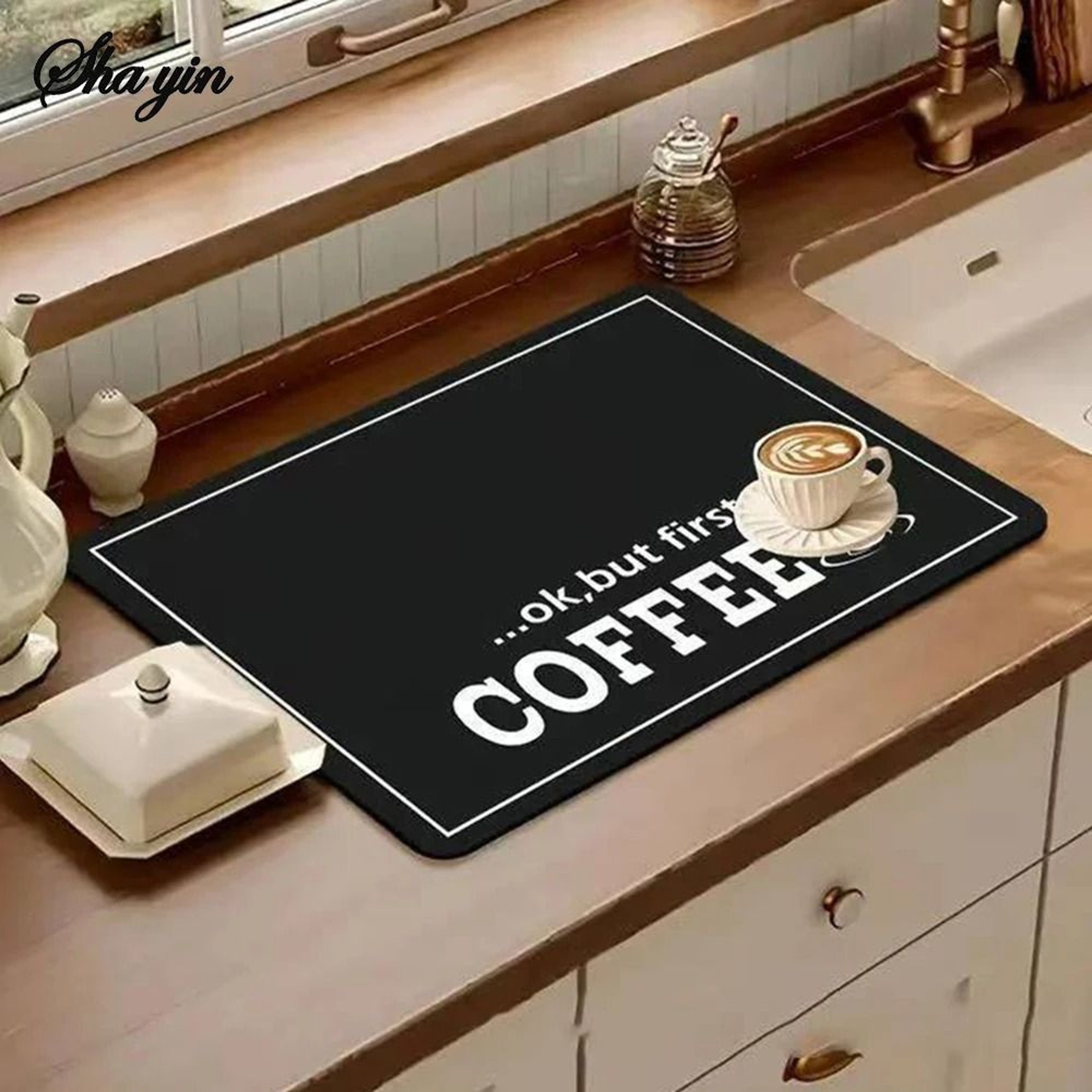 Coffee Machine Drying Mat Water Absorbent Counter Mat Modern Black Coffee Print 1