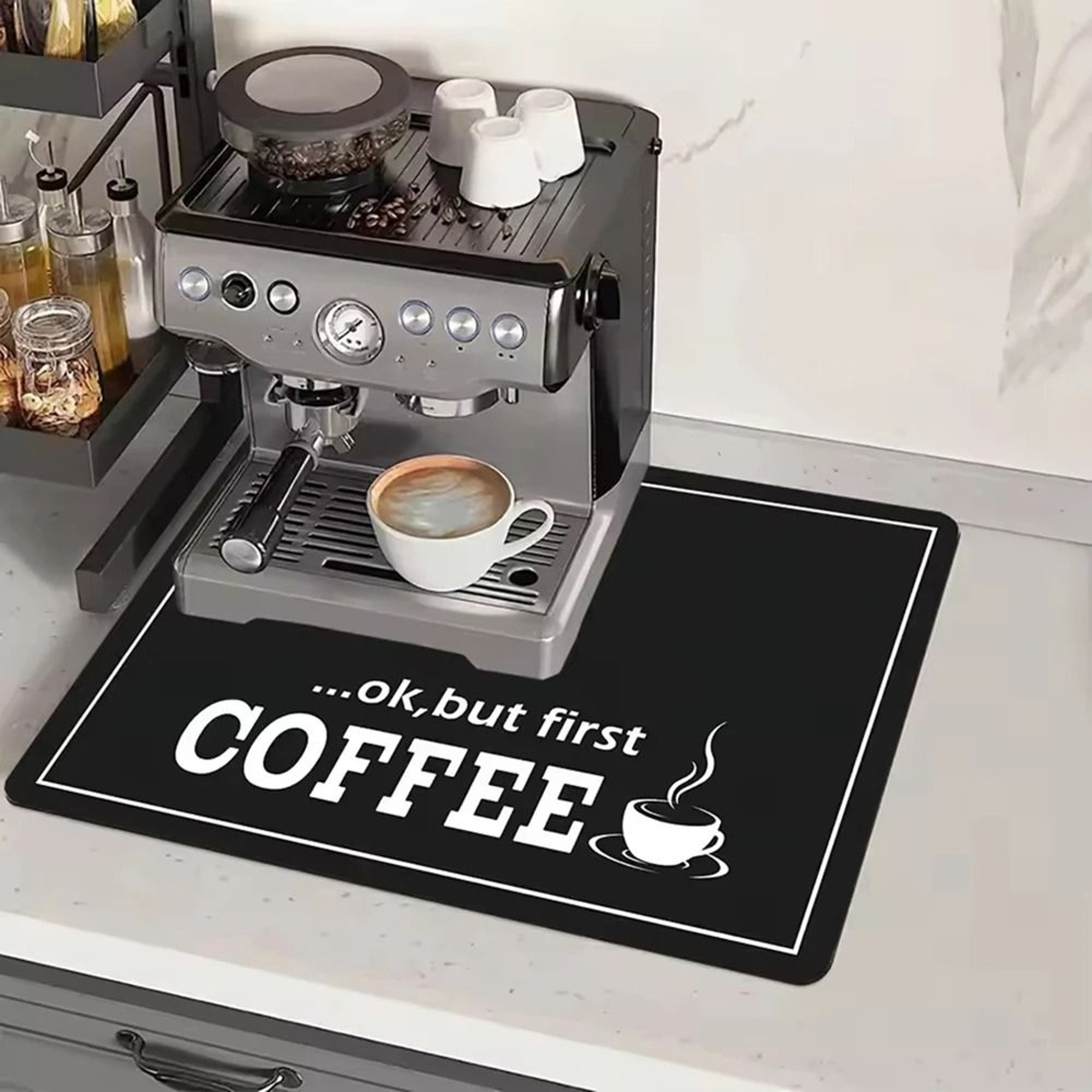 Coffee Machine Drying Mat Water Absorbent Counter Mat Modern Black Coffee Print 4