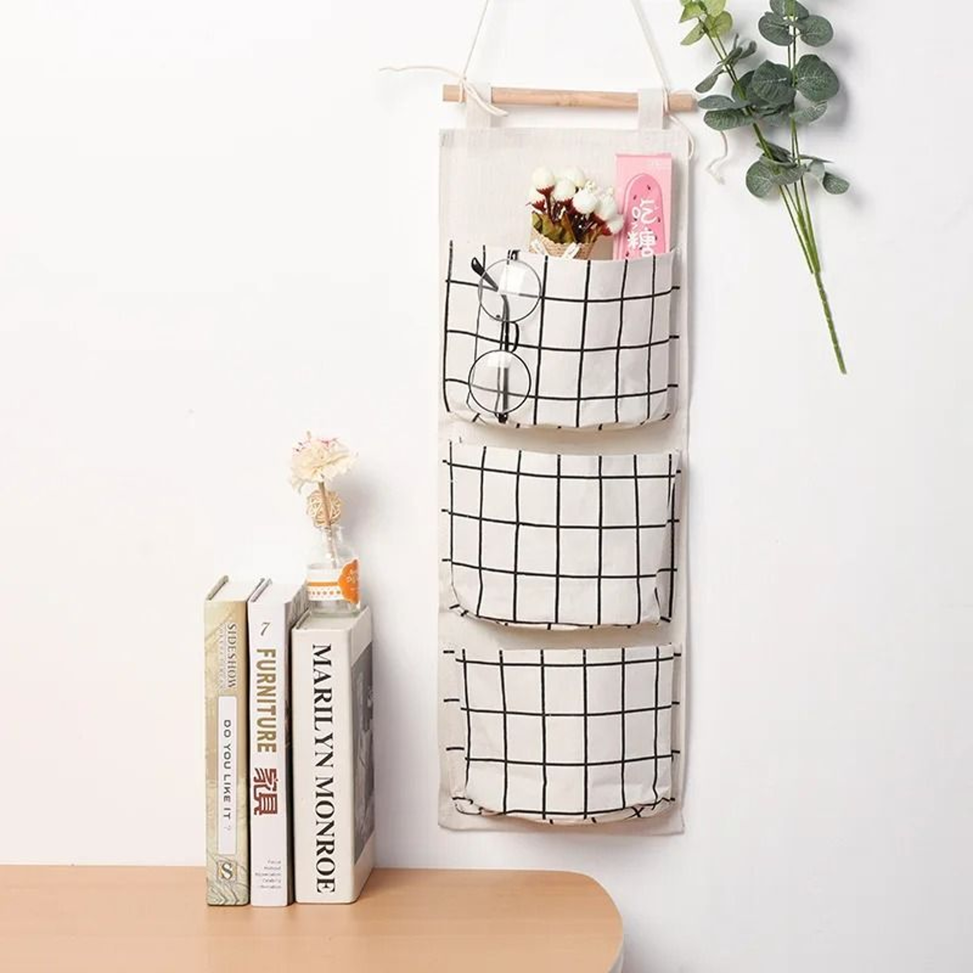 3 Pocket Hanging Wall Organizer Cotton Linen Storage Bag For Bedroom Kitchen And Living Room 3