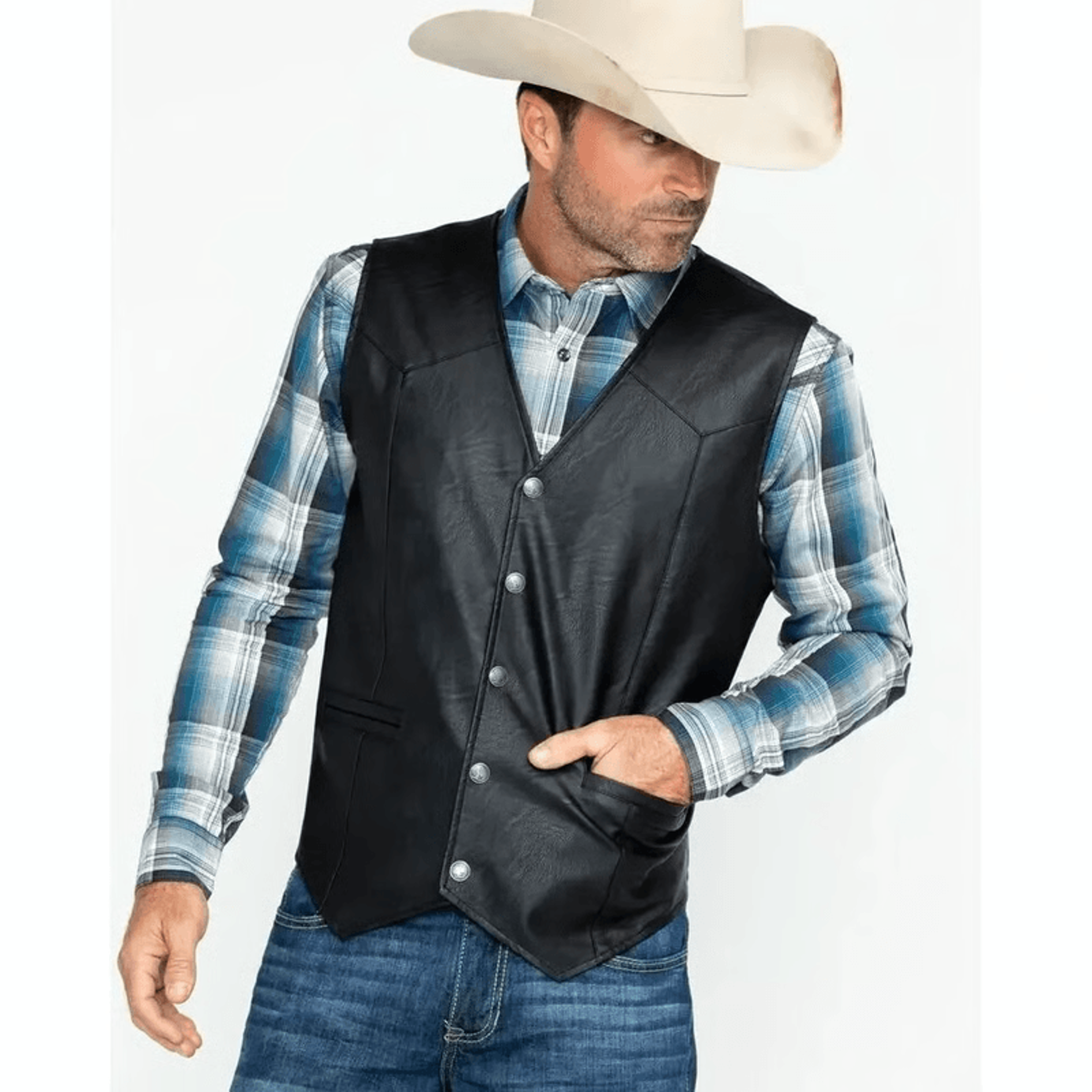 closeup of leather snap vest for men