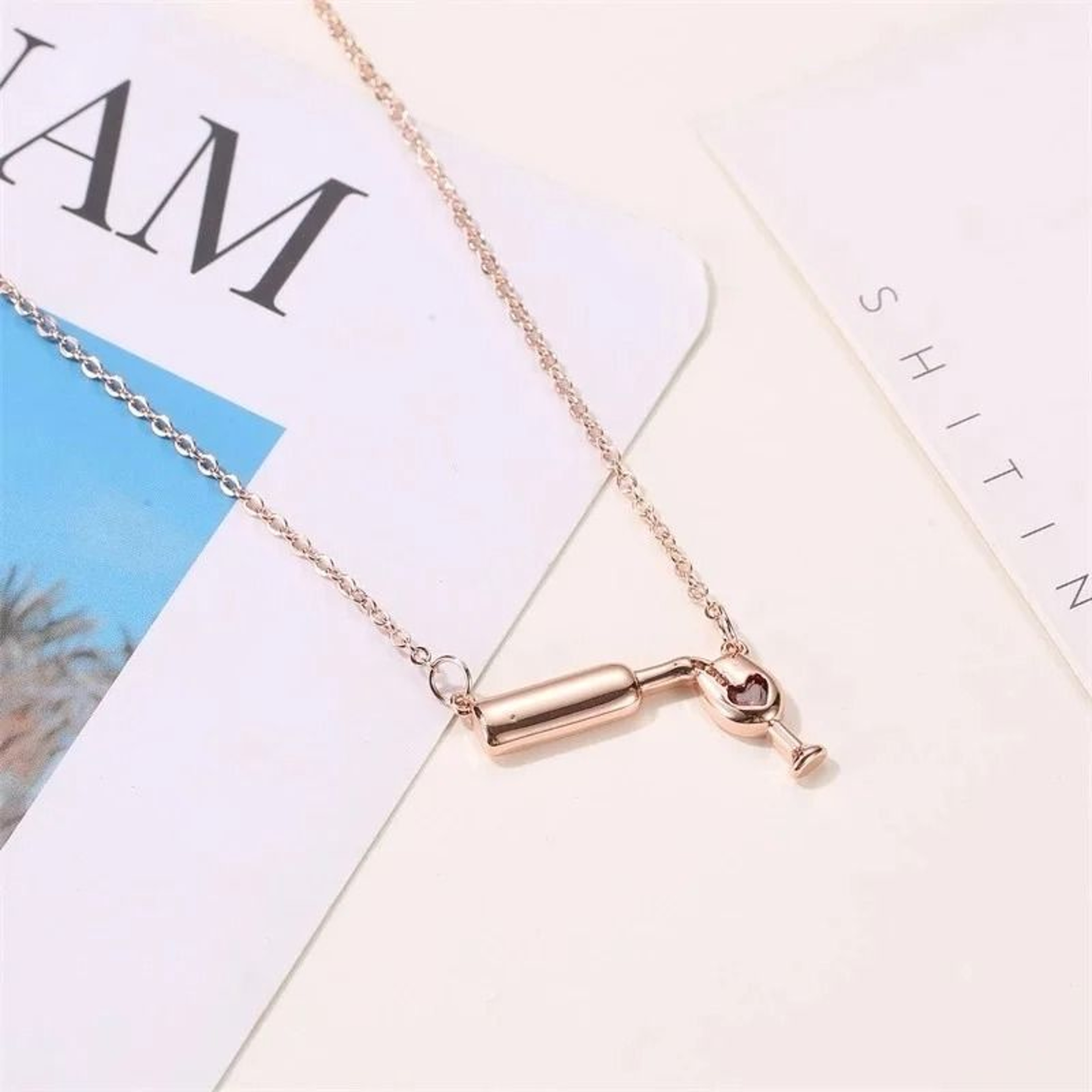 Crystal Red Heart Pendant Necklace Rhinestone Wine Bottle Charm Clavicle Chain For Wome 6