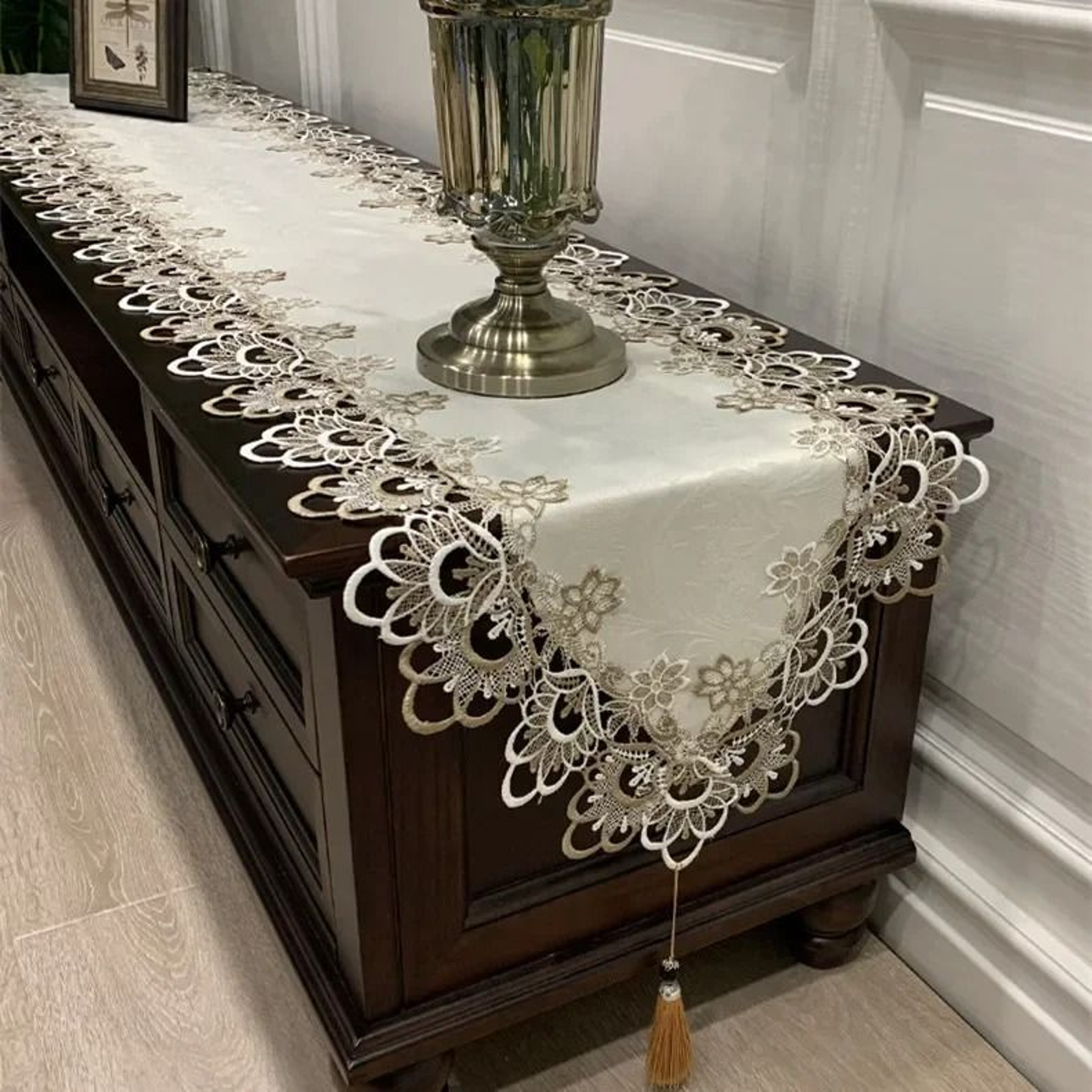 Elegant White Lace Embroidered Table Runner 1