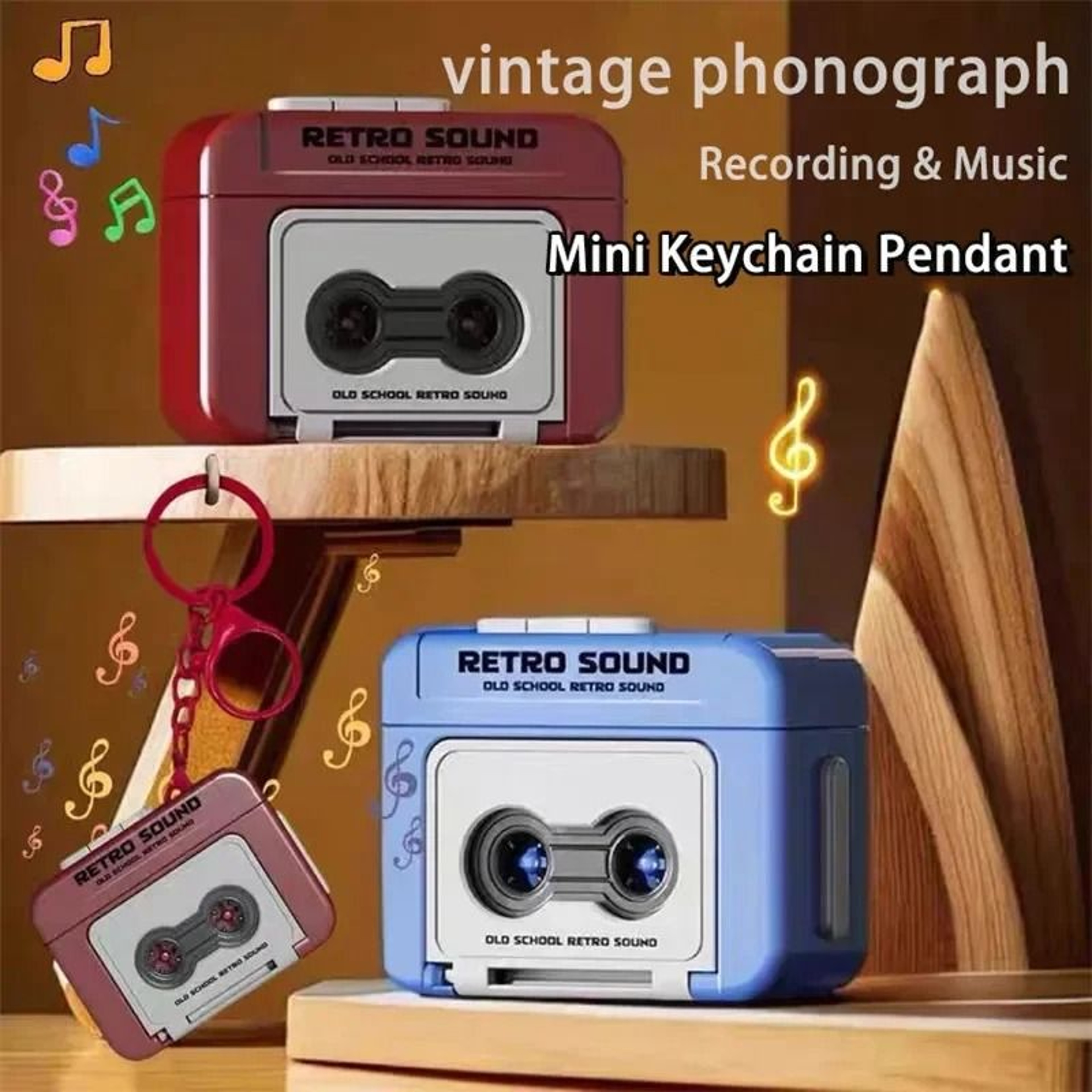 Retro Cassette Recorder Mini Music Box Keychain And Decompression Bag Pendant 0