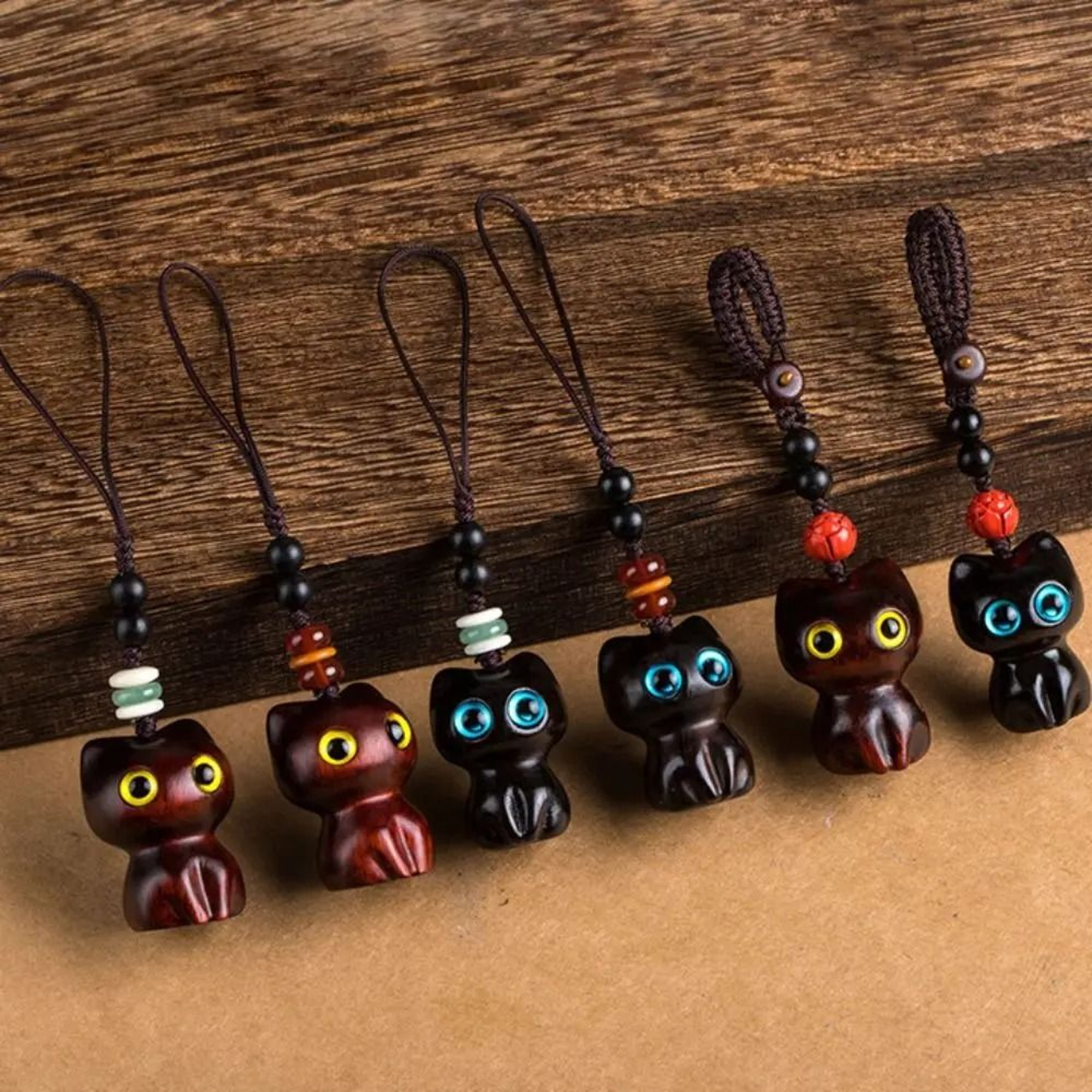 Creative Cute Cat Shape Lucky Blessing Charm Sandalwood Keychain Pendant 1