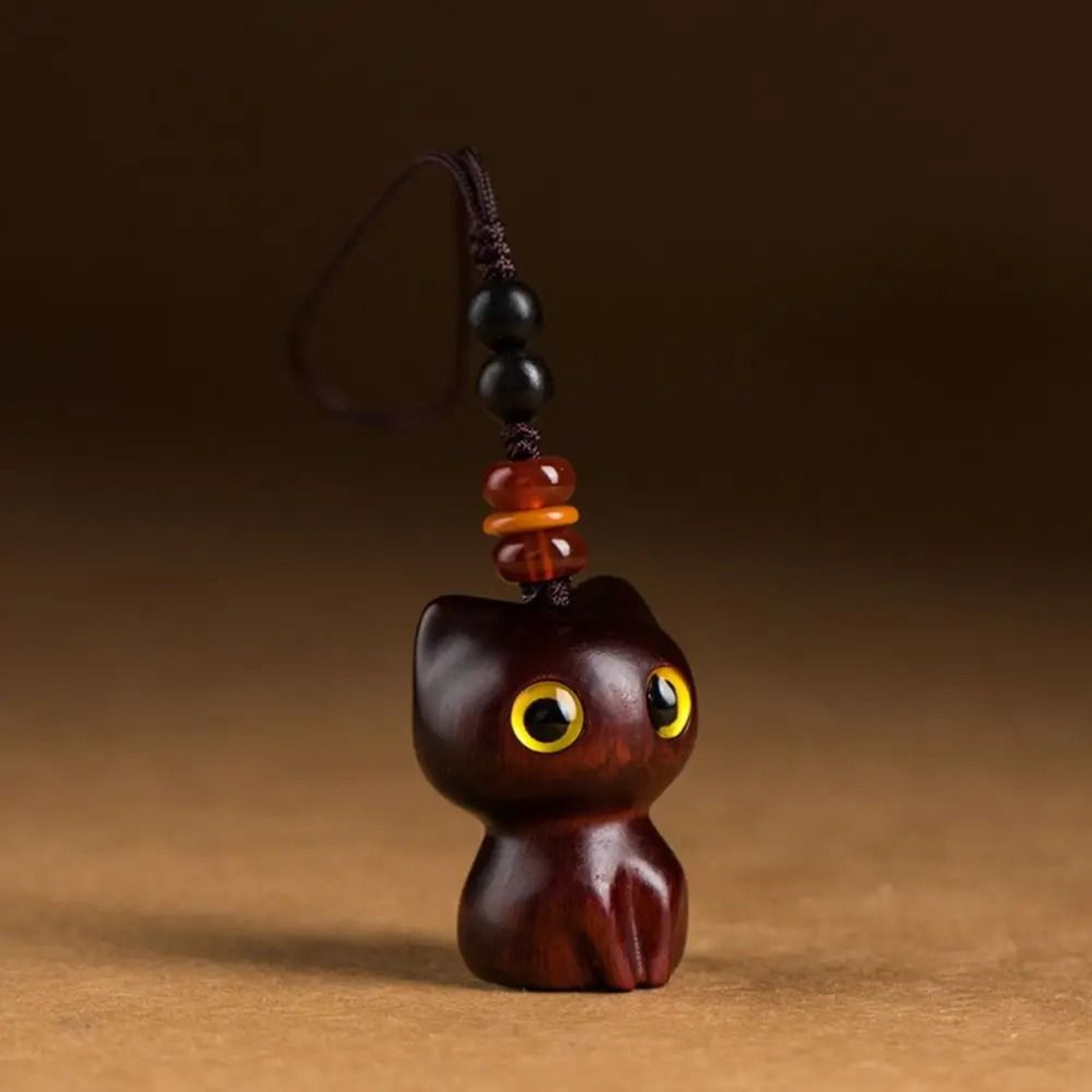 Creative Cute Cat Shape Lucky Blessing Charm Sandalwood Keychain Pendant 7