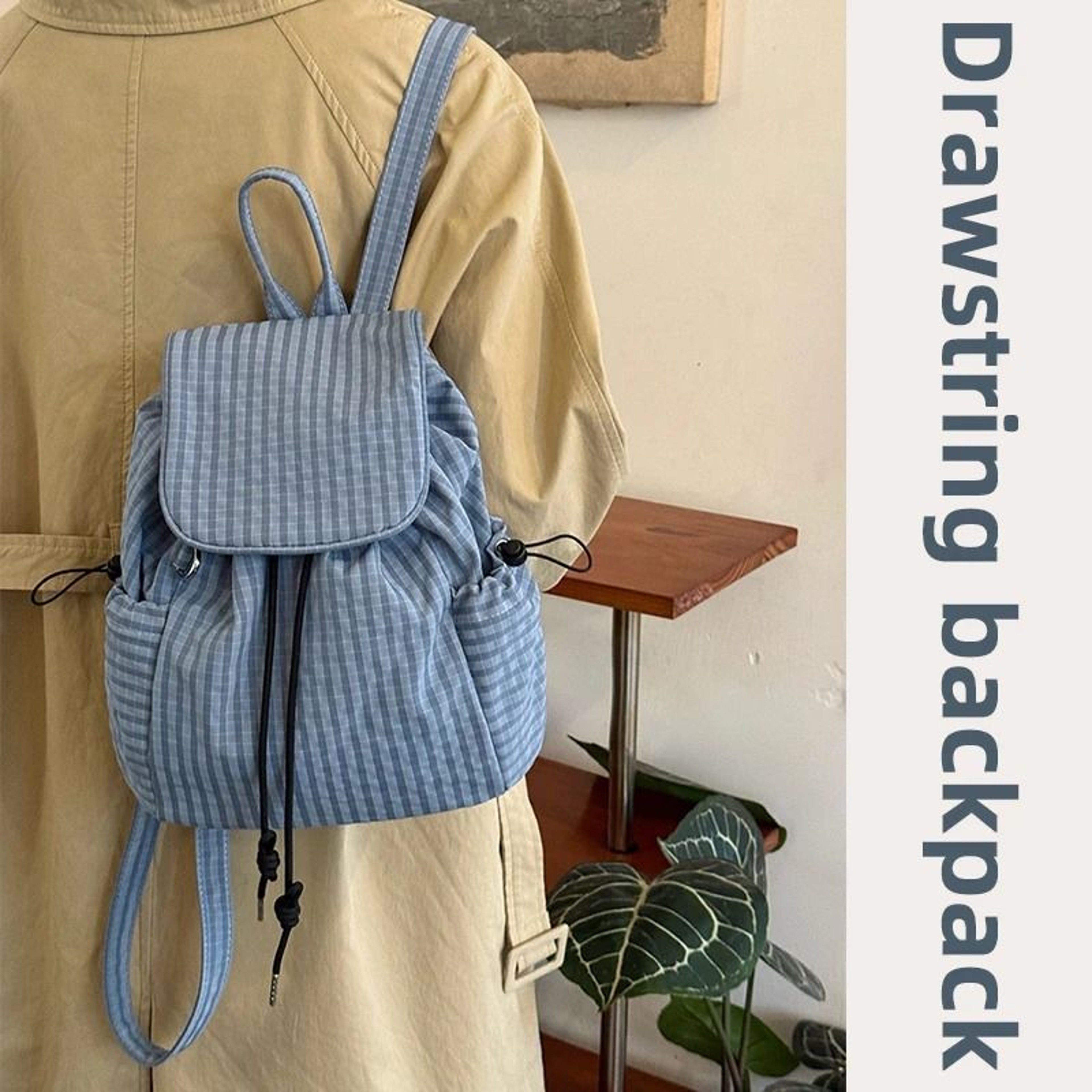 Lightweight Checkered Nylon Drawstring Backpack 5