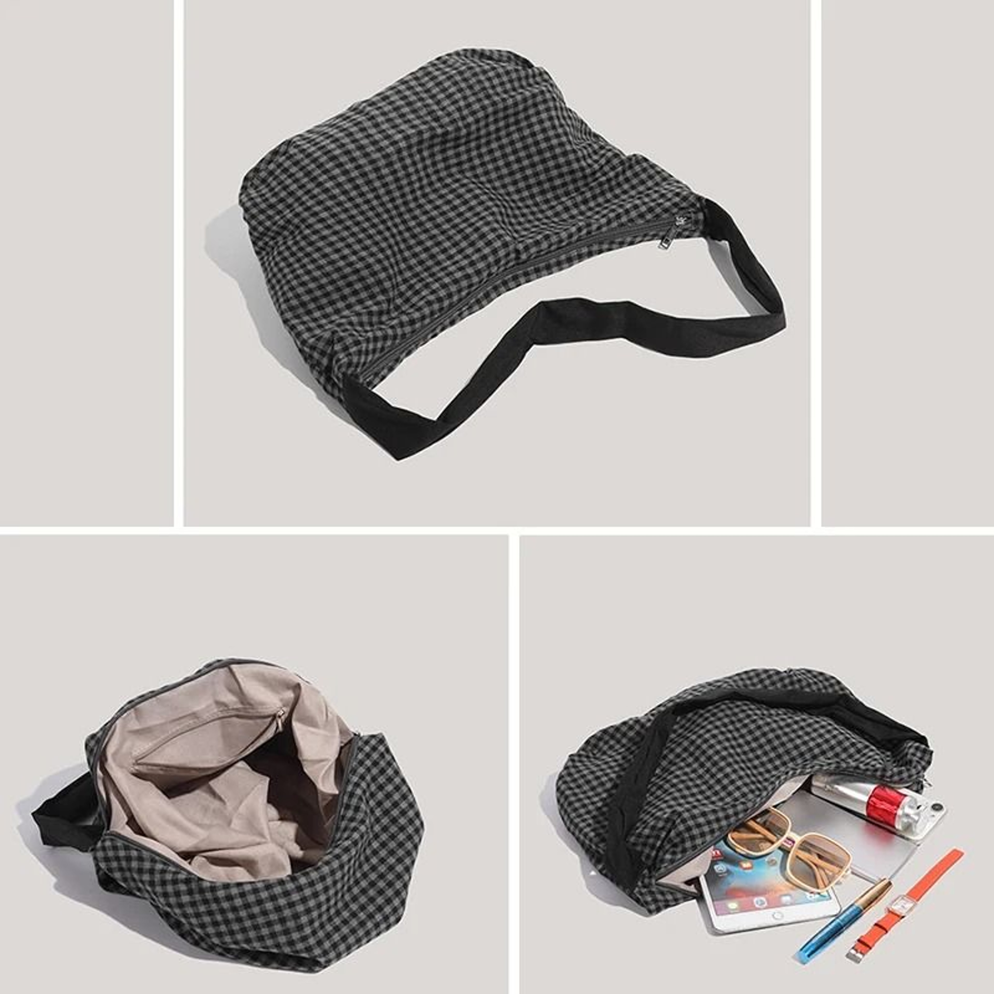 Commuting LargeCapacity Canvas And Checkered Nylon Tote Bag 5
